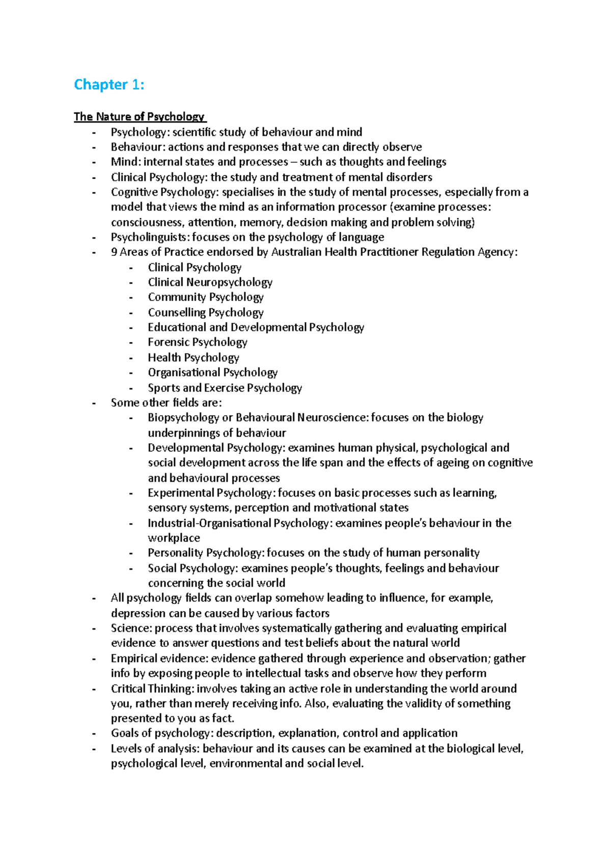 Psych A notes - Chapter 1: The Nature of Psychology - Psychology ...