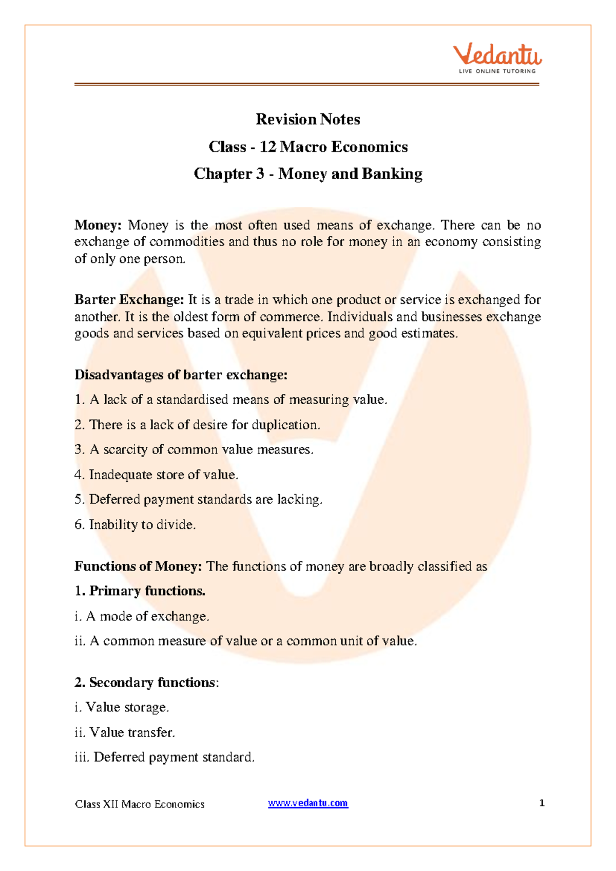 Money and Banking Class 12 Notes CBSE Macro Economics Chapter 3 (PDF