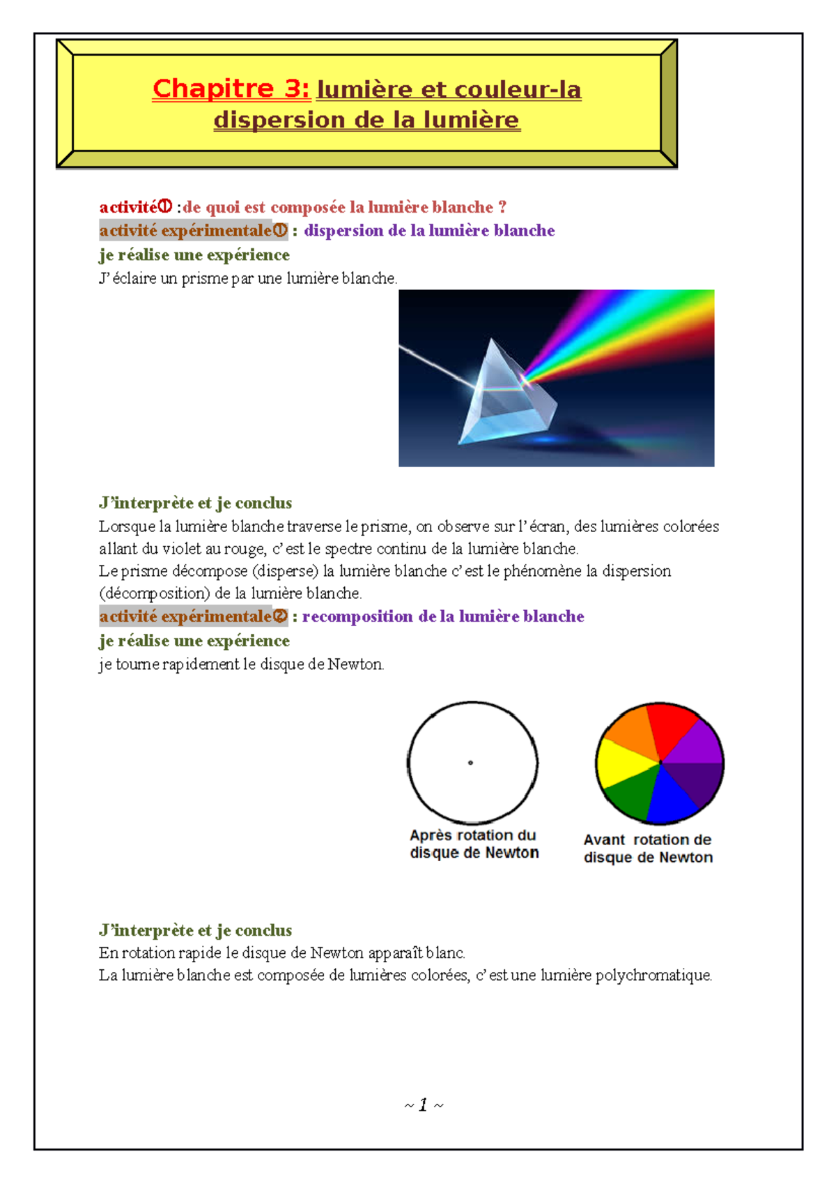 Leçons Lumière Et Couleur Dispersion De La Lumière Activité De Quoi Est Composée La Lumière