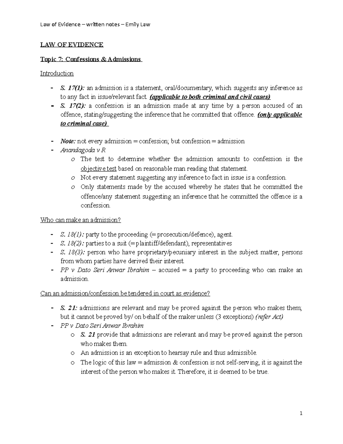 Written-Notes-Topic-7 - LAW OF EVIDENCE Topic 7: Confessions ...