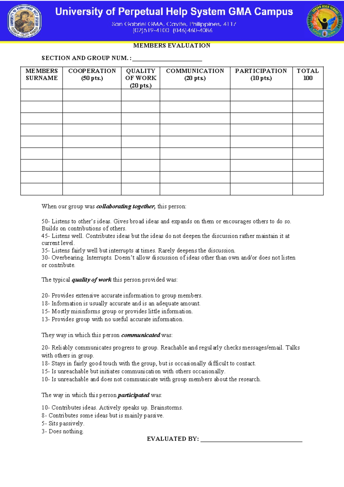 Inquiries Progress Report Midterm EXAM - MEMBERS EVALUATION SECTION AND ...