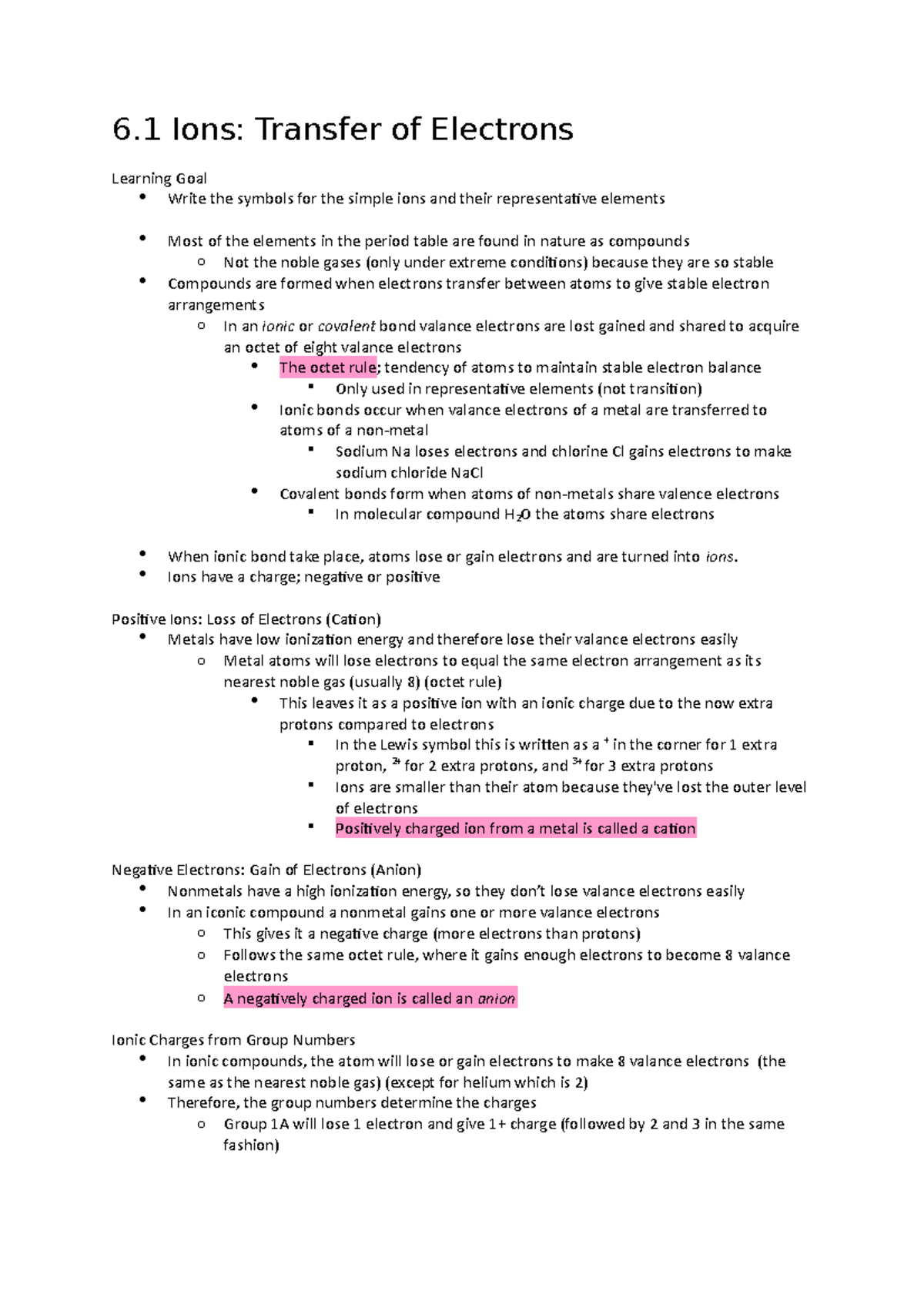 Week 3 - All textbook notes for Week 3 - 6 Ions: Transfer of Electrons ...