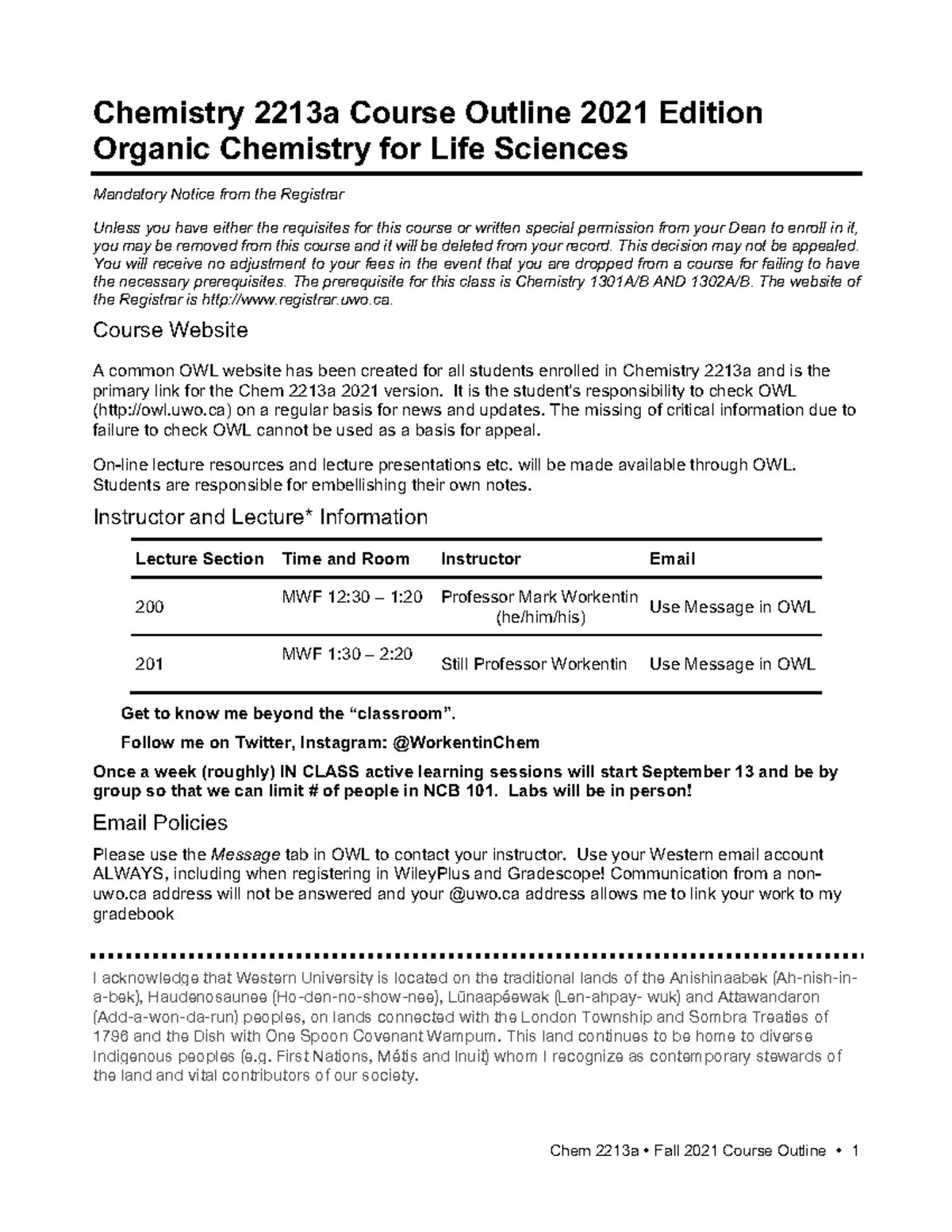 2213a Courseoutline Fall 2021+Aug+31 - Chemistry 2213a Course Outline ...