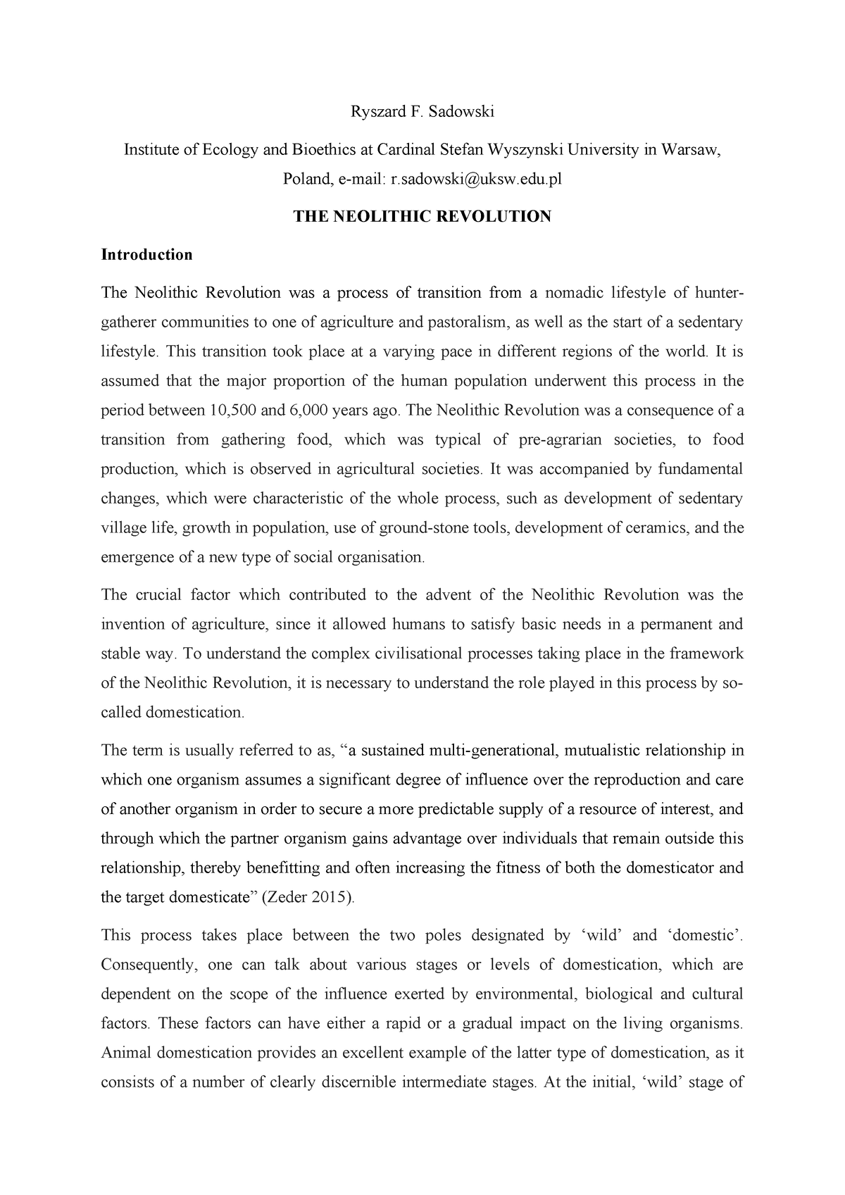 Neolithic Revolution - Documents - Ryszard F. Sadowski Institute Of 