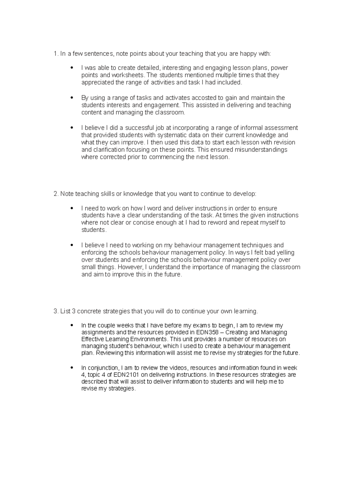EDN2101 final task In a few sentences, note points about your