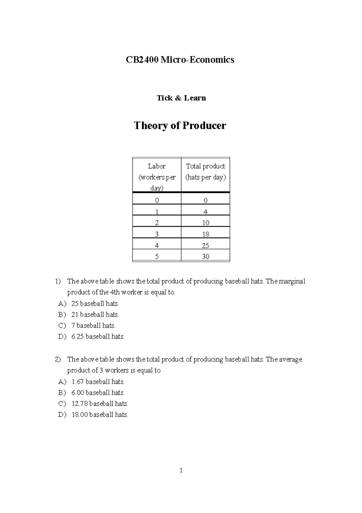 (05) Theory OF Producer Questions CB2400 MicroEconomics Tick & Learn Theory of Producer Labor