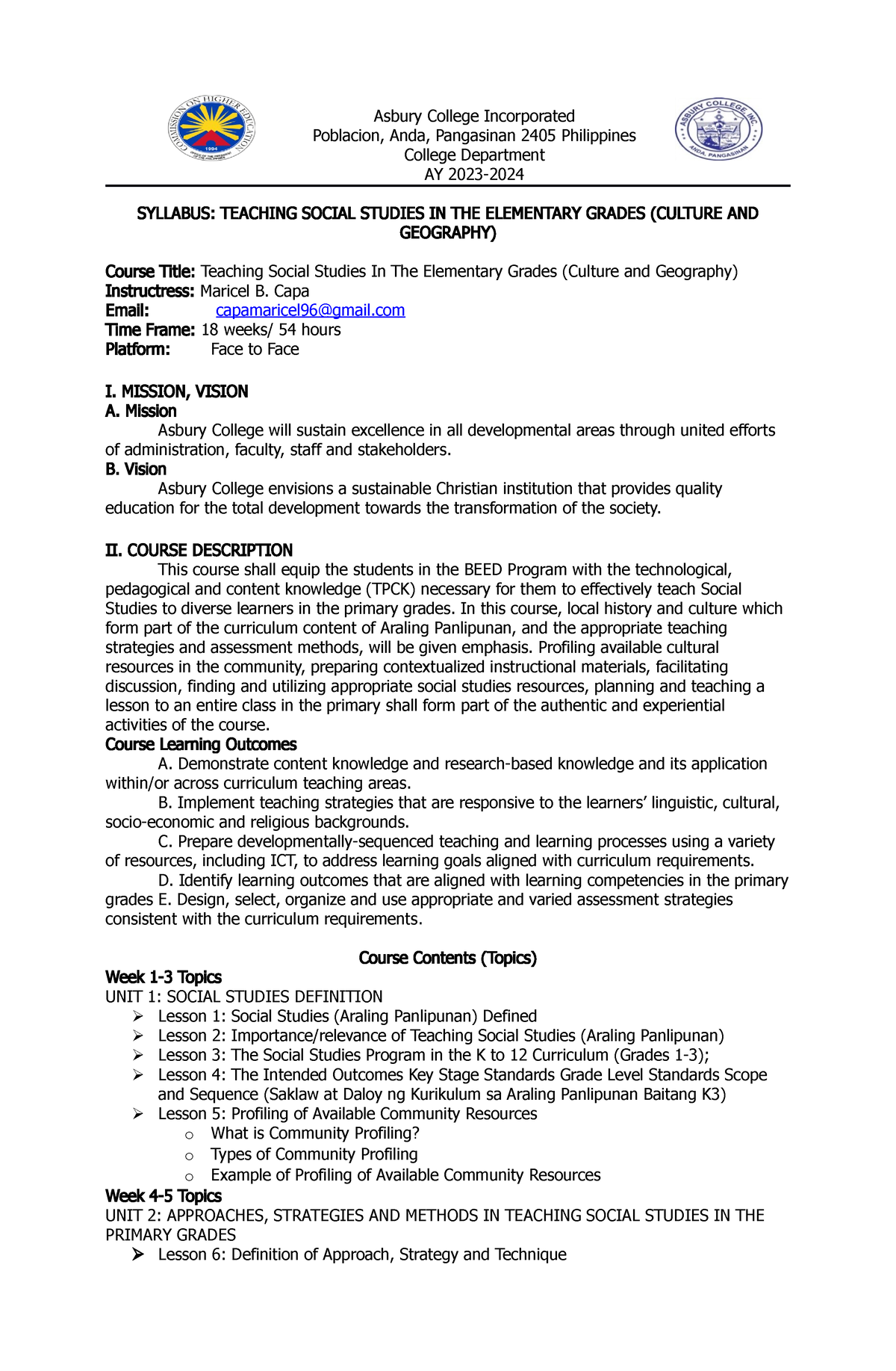 Syllabus- Tsseg-103 - Asbury College Incorporated Poblacion, Anda ...