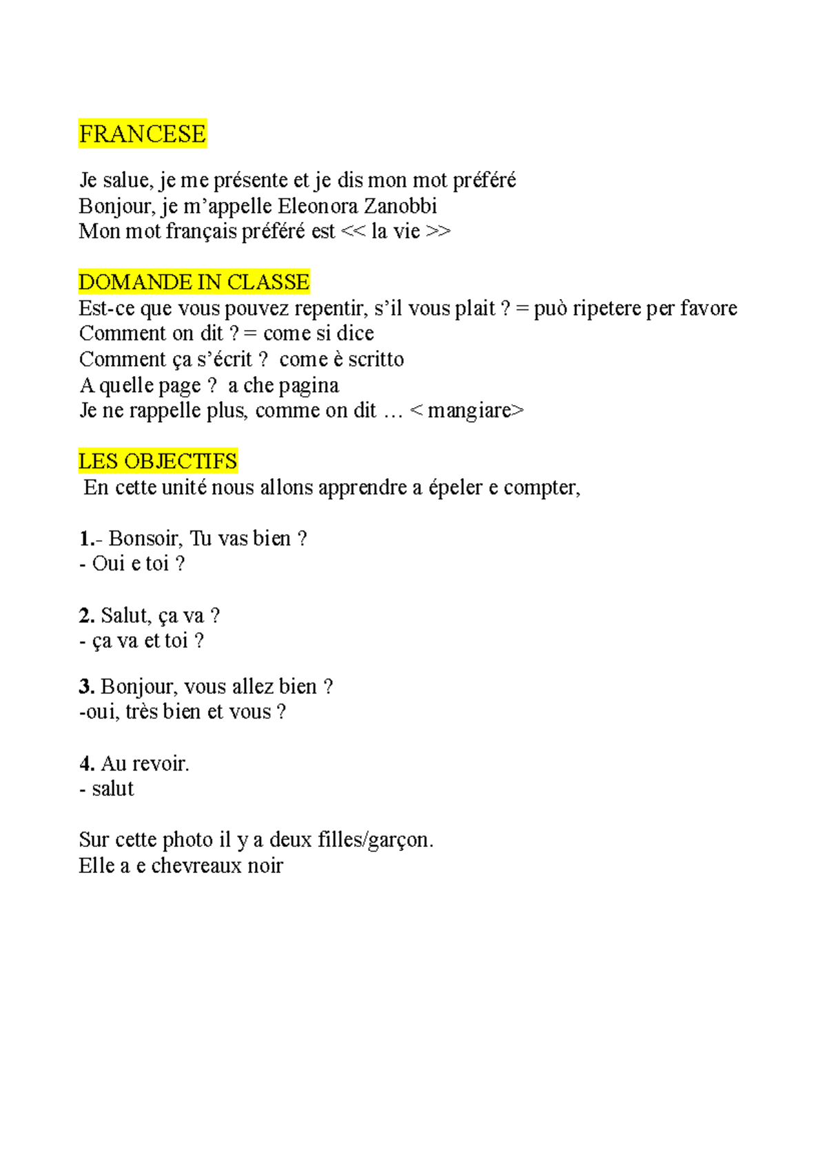 Francese Lingua Esame Francese Je Salue Je Me Presente Et Je Dis Mon Mot Prefere Bonjour Je Studocu