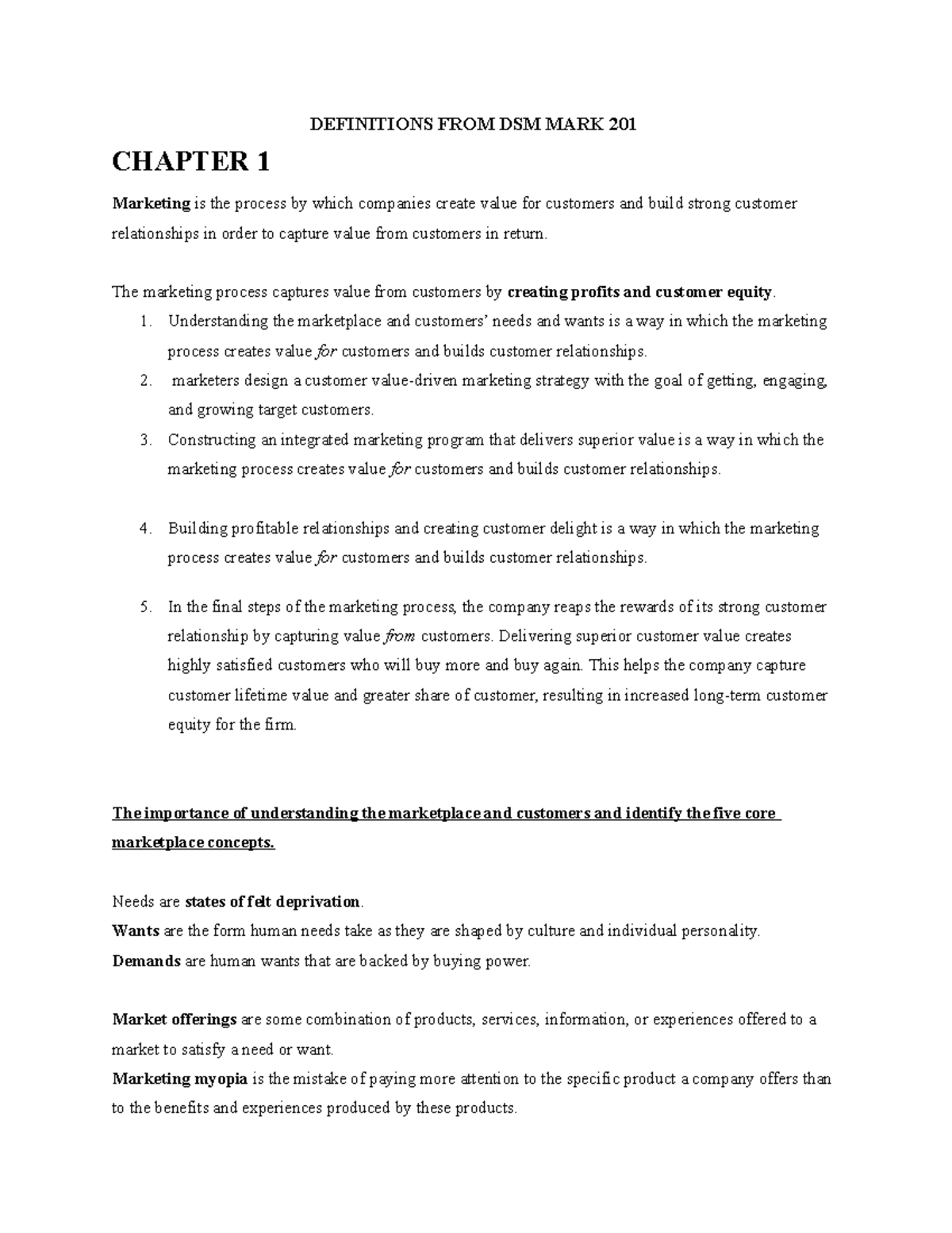 DSM 1 TO 7 - Dsm - DEFINITIONS FROM DSM MARK 201 CHAPTER 1 Marketing is ...