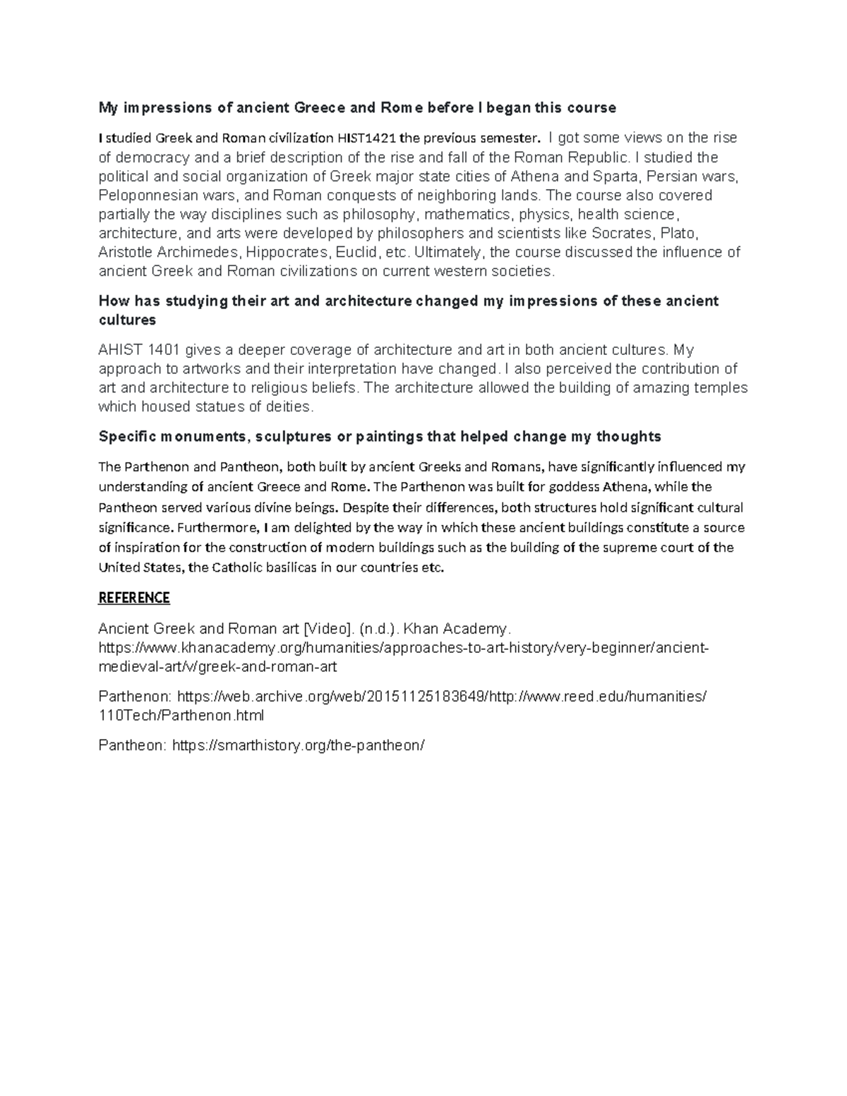 Ahist 1401 Journal UNIT2 - My impressions of ancient Greece and Rome ...