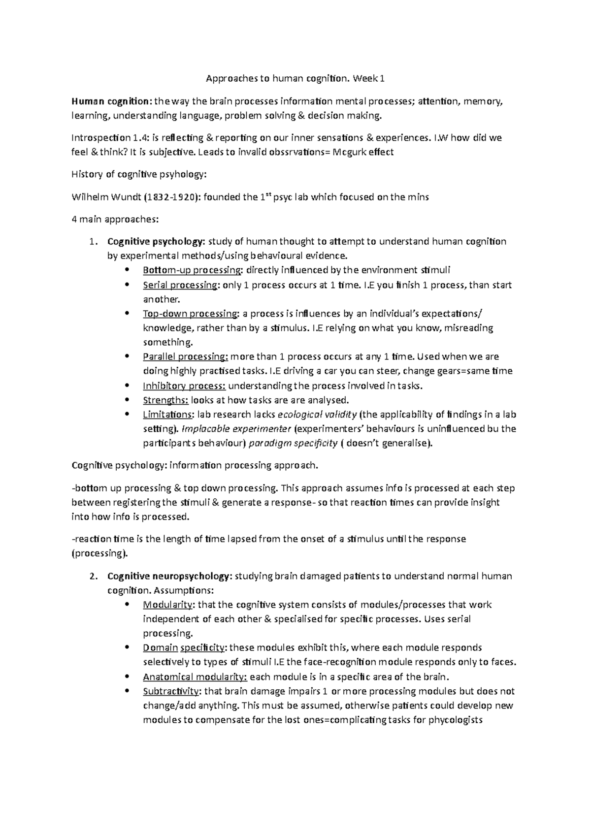 Week 1 HC - Lecture notes 1 - Approaches to human cognition. Week 1 ...