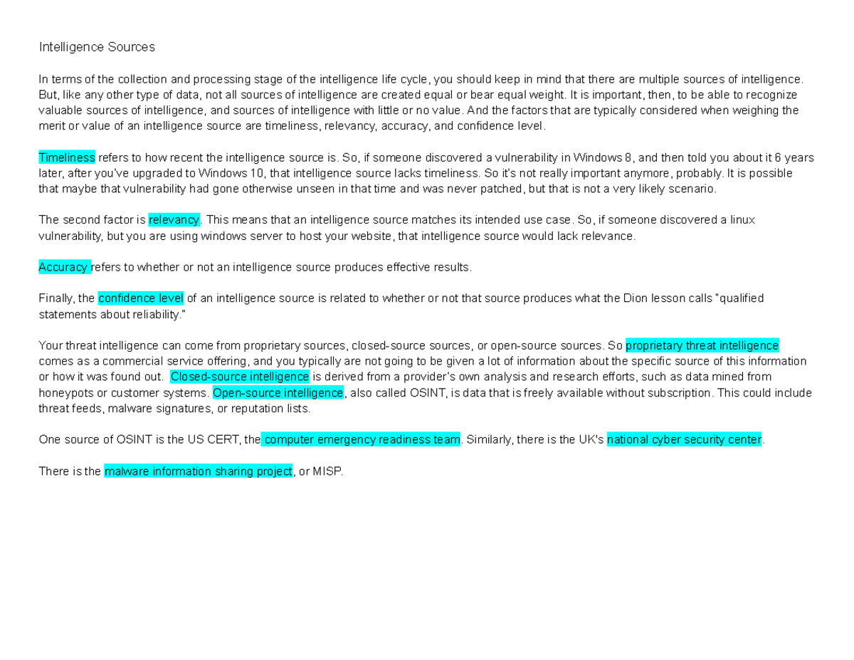 Intelligence Sources - These are notes that I have taken from the Udemy ...