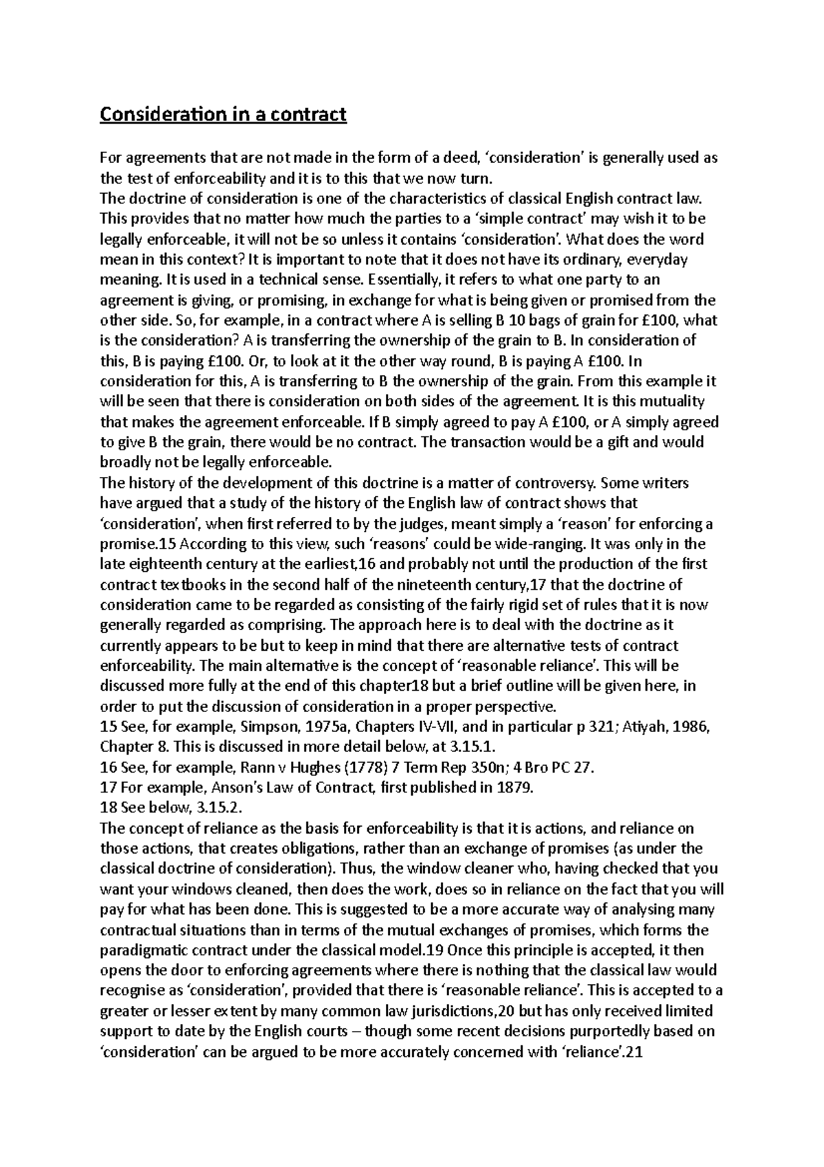 Consideration In A Contract The Doctrine Of Consideration Is One Of 