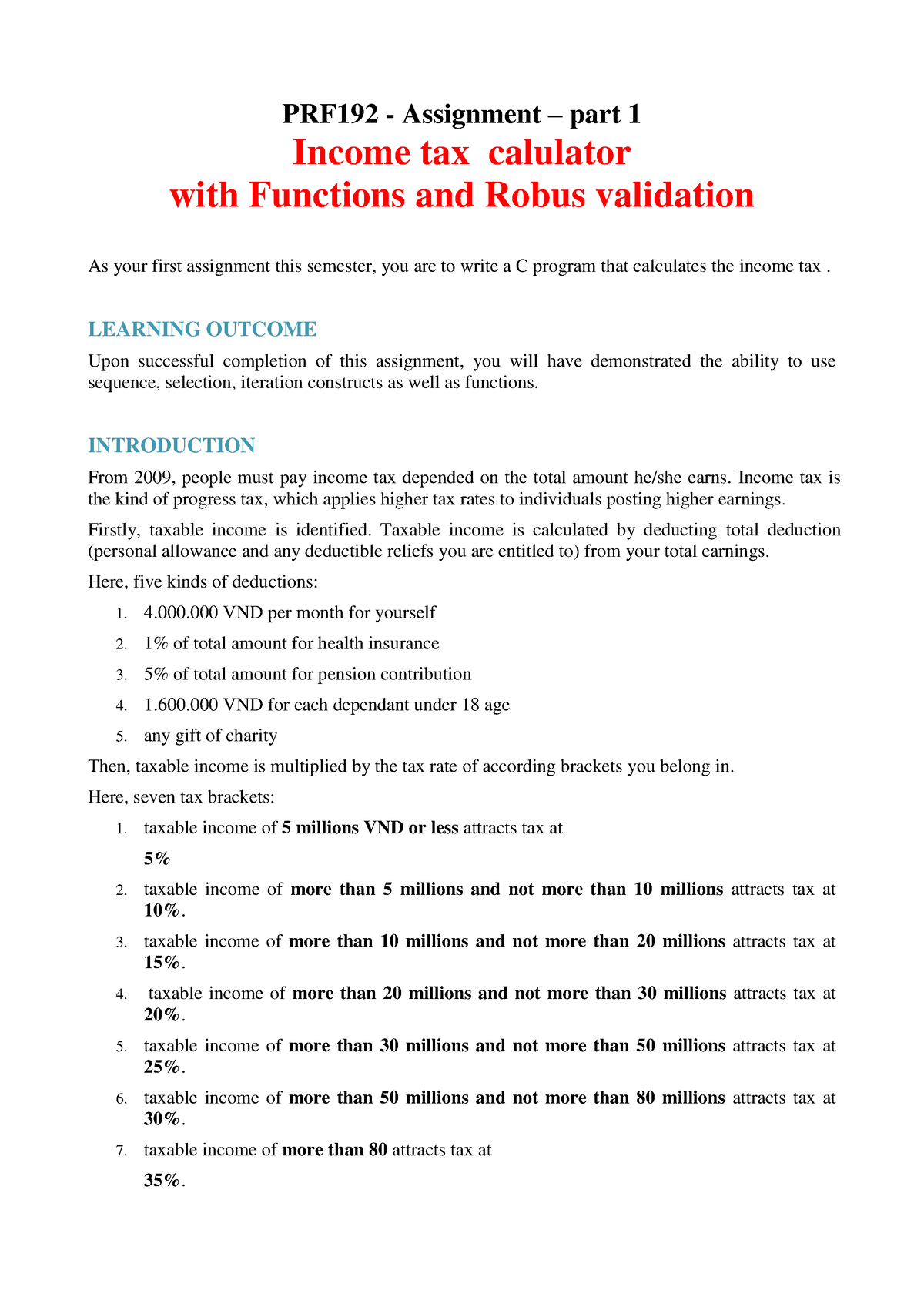 Assignment 3 - Luyện Tập - PRF192 - Assignment – Part 1 Income Tax ...