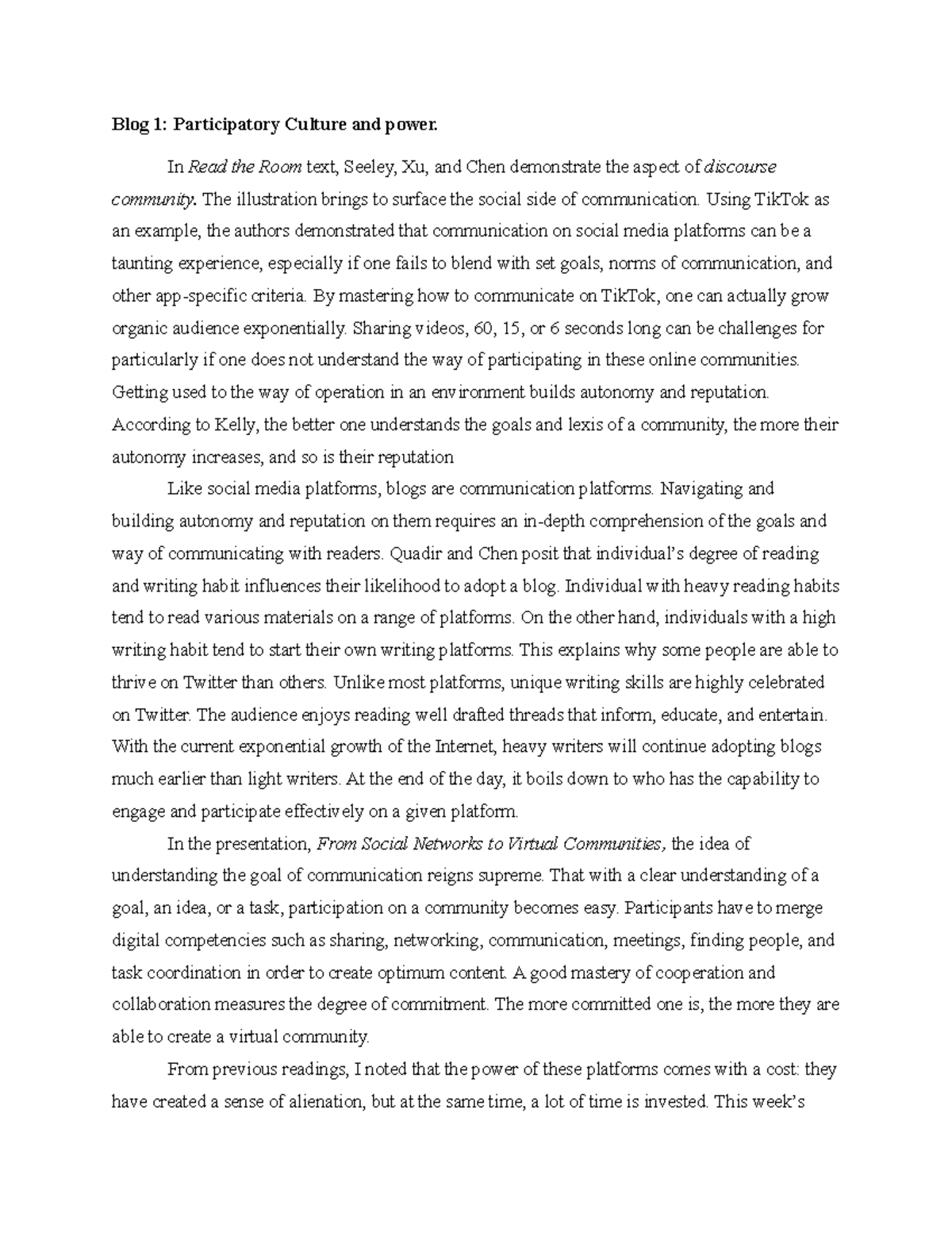 Weekly Blogs - Participatory Culture and power. - Blog 1: Participatory ...