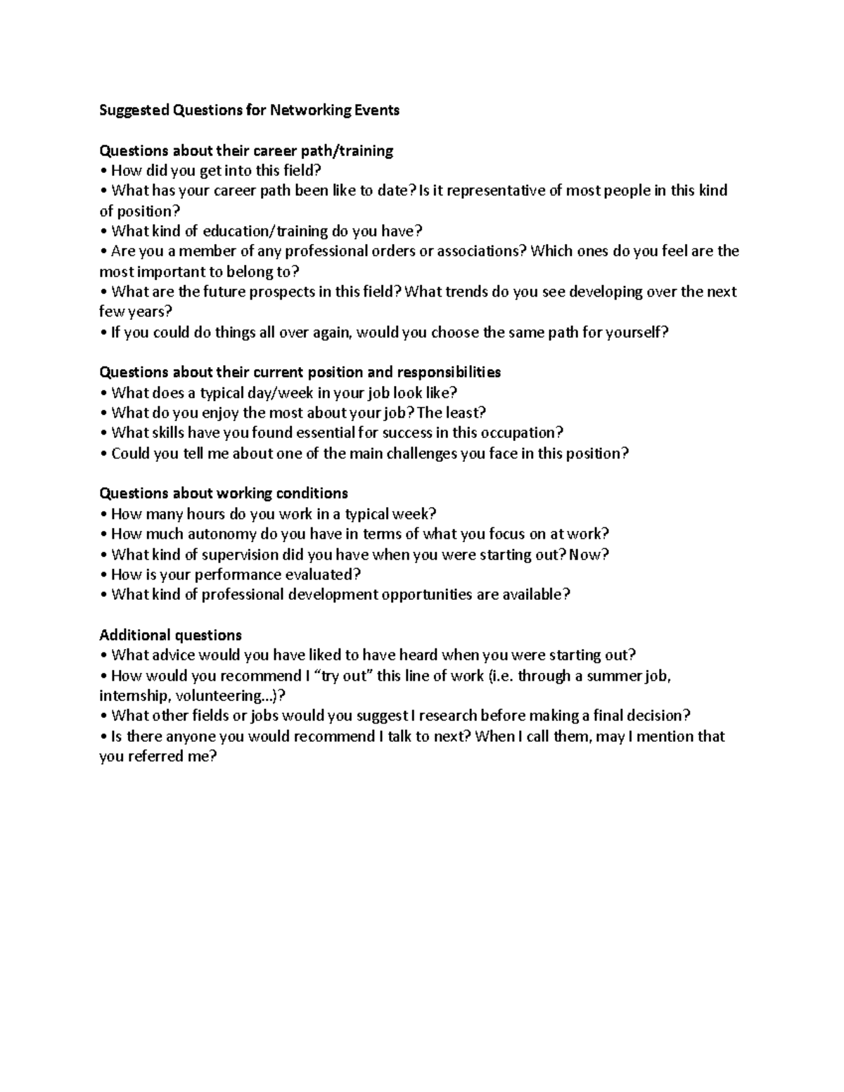 Suggested Questions for Networking Events Suggested Questions for