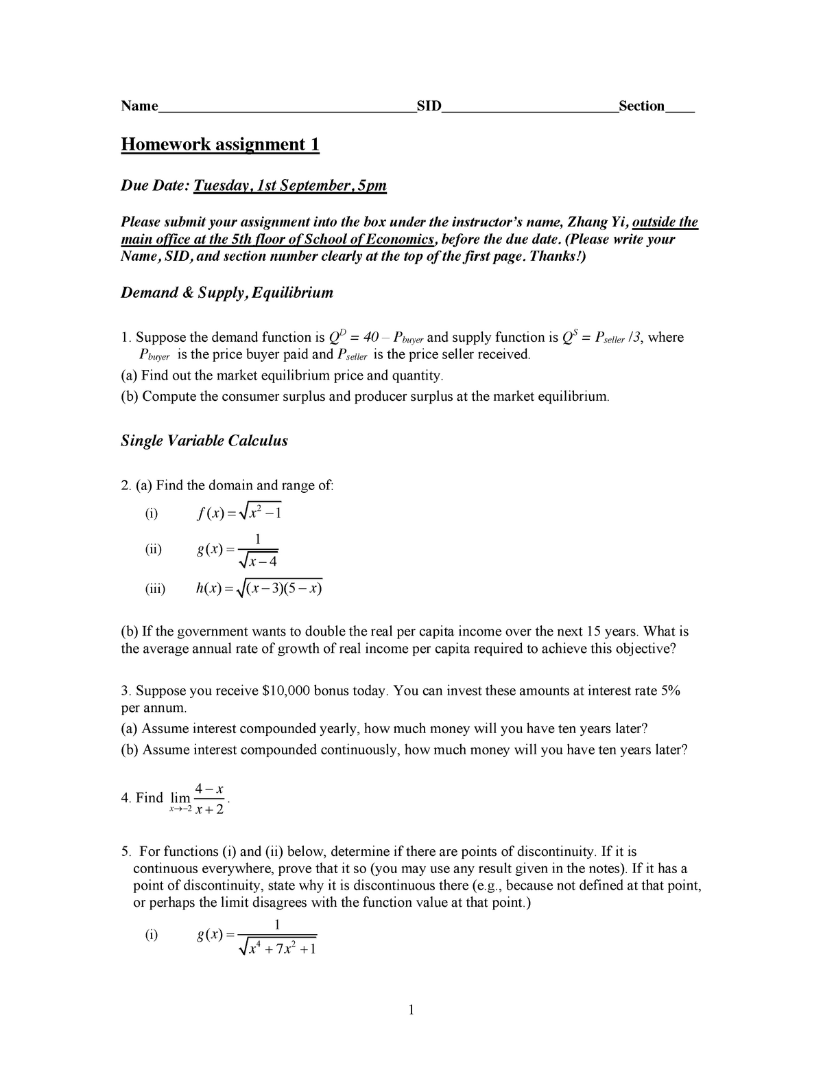 Homework Assignment 1 Mathematics For Economics Smu Studocu