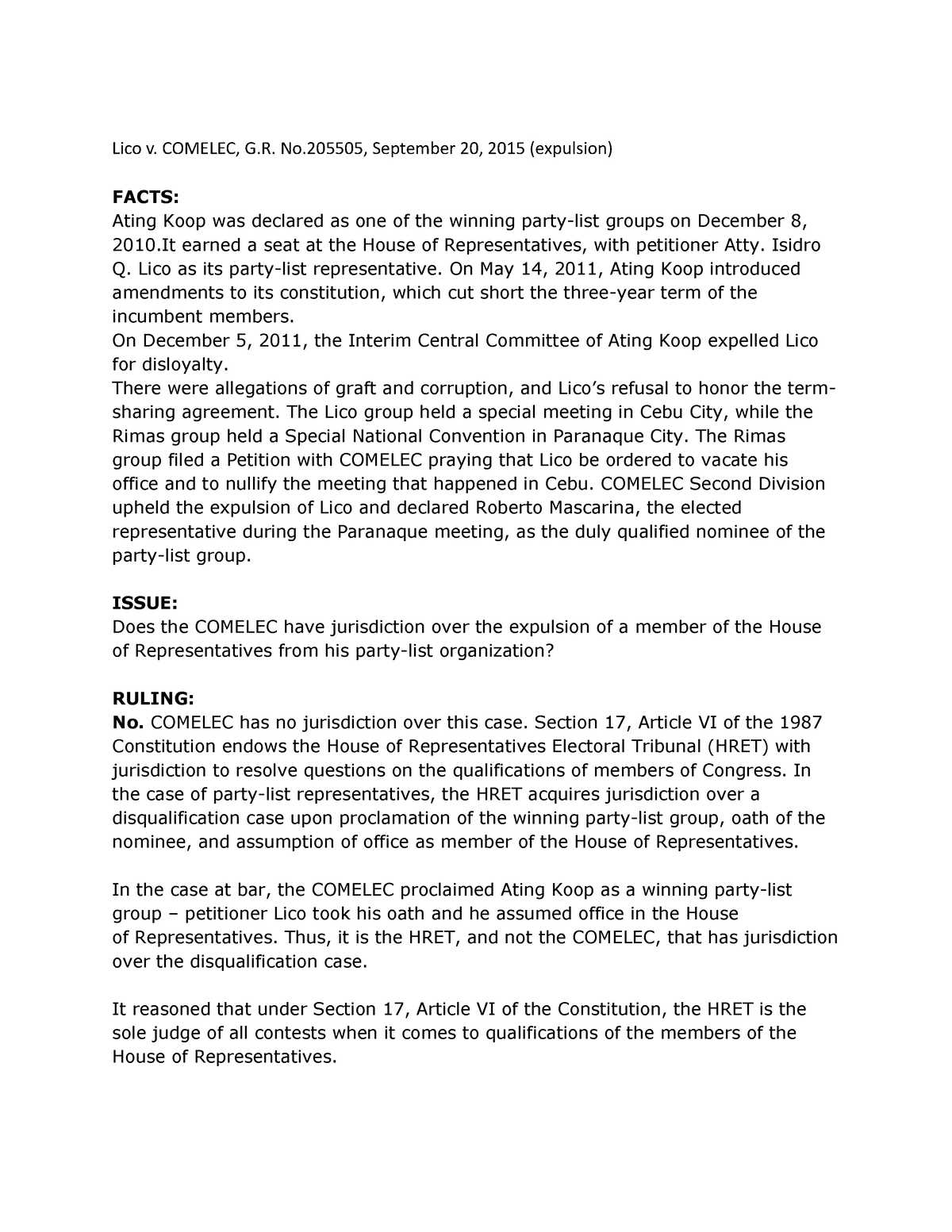 LICO V Comelec - N/A - Lico V. COMELEC, G. No, September 20, 2015 ...