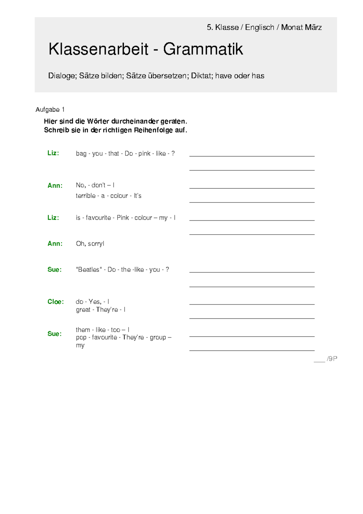 2536 - Weitere Aufgaben aux. - 5. Klasse / Englisch / Monat März