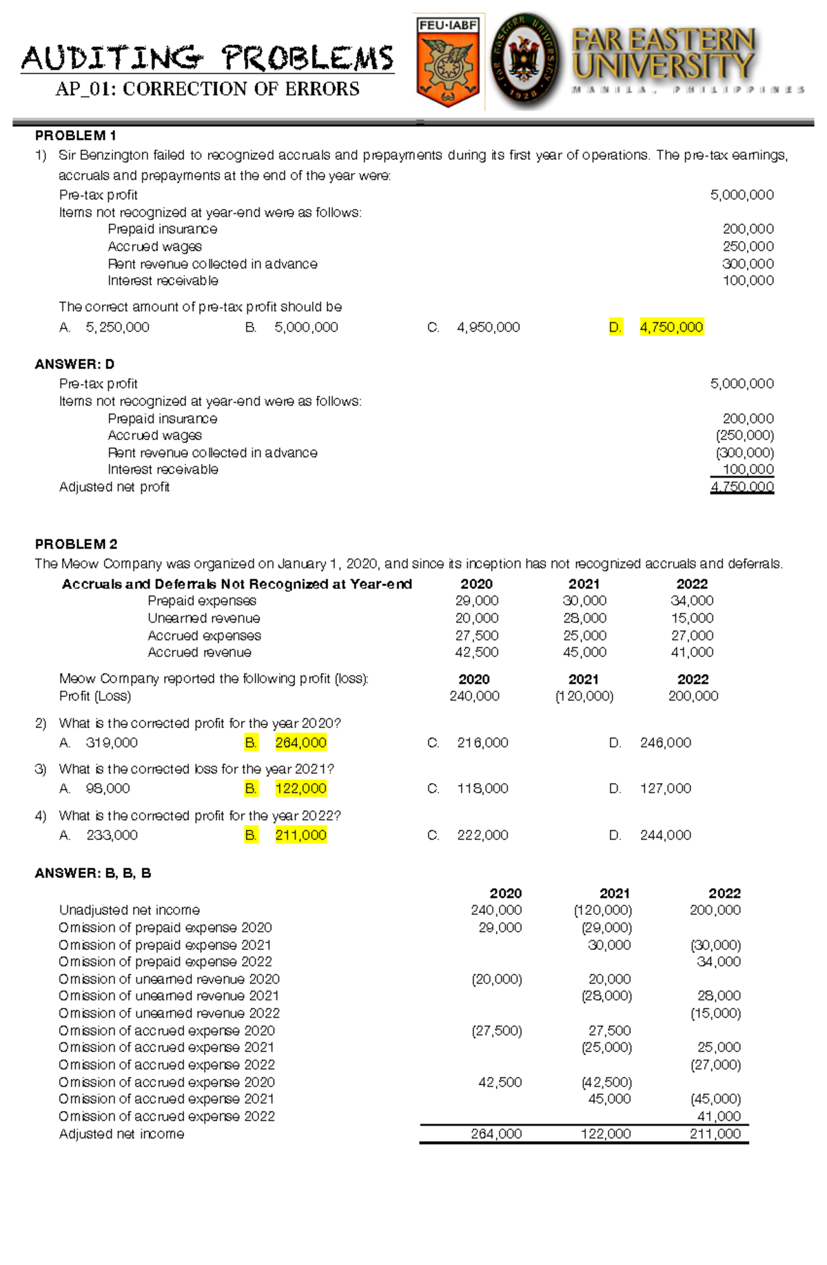 HO1 Errors W Complete SOL - AUDITING PROBLEMS PROBLEM 1 Sir Benzington ...