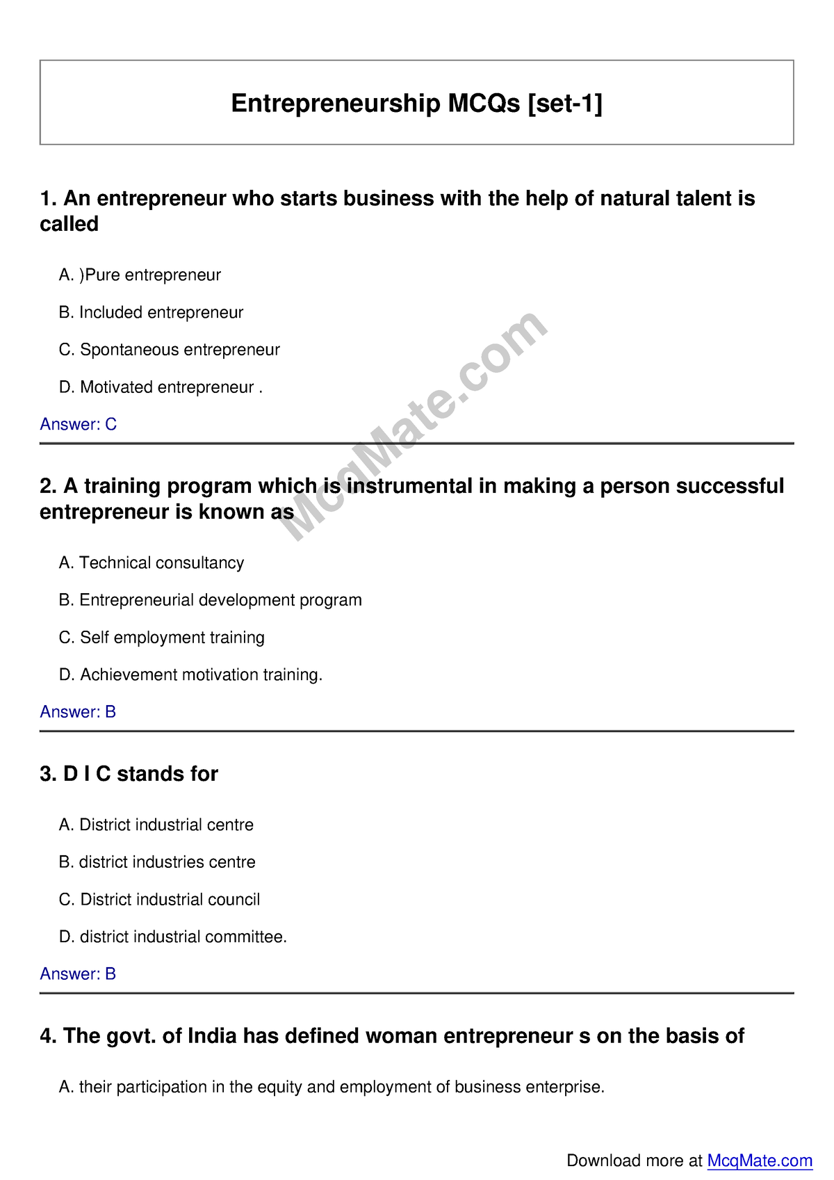 Entrepreneurship Solved MCQs [set-1] Mcq Mate - Entrepreneurship MCQs ...