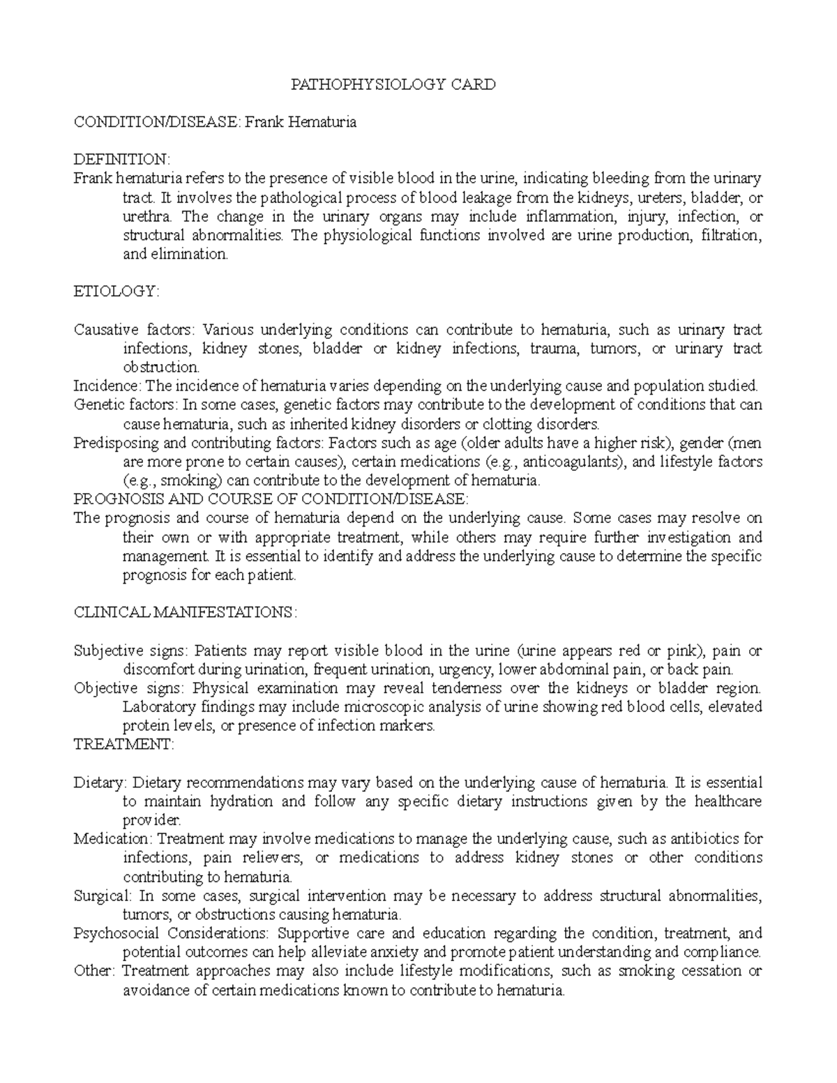 Pathophysiology CARD frank hematuria - PATHOPHYSIOLOGY CARD CONDITION ...