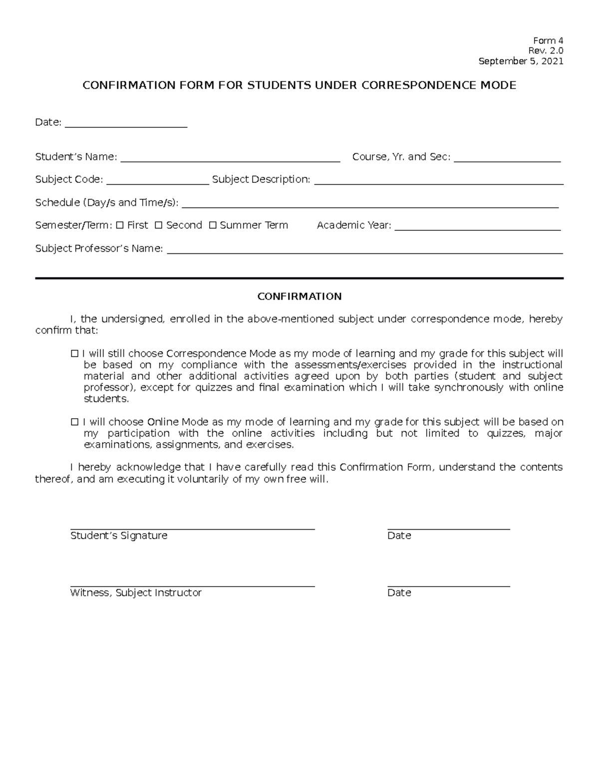 Correspondence Students Confirmation Form - Form 4 Rev. 2. September 5 ...