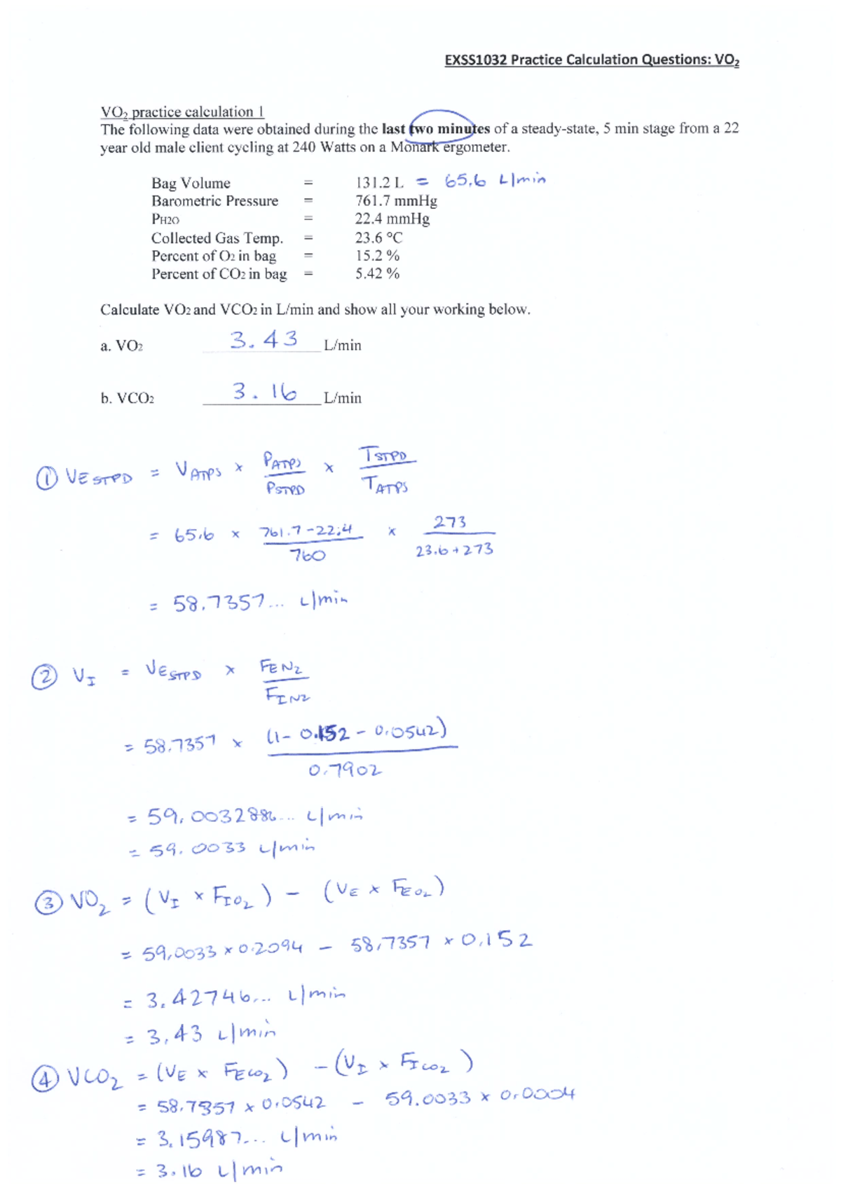 EXSS1032 Practice Calculation Questions - VO2 Answers - VOZ_practice ...