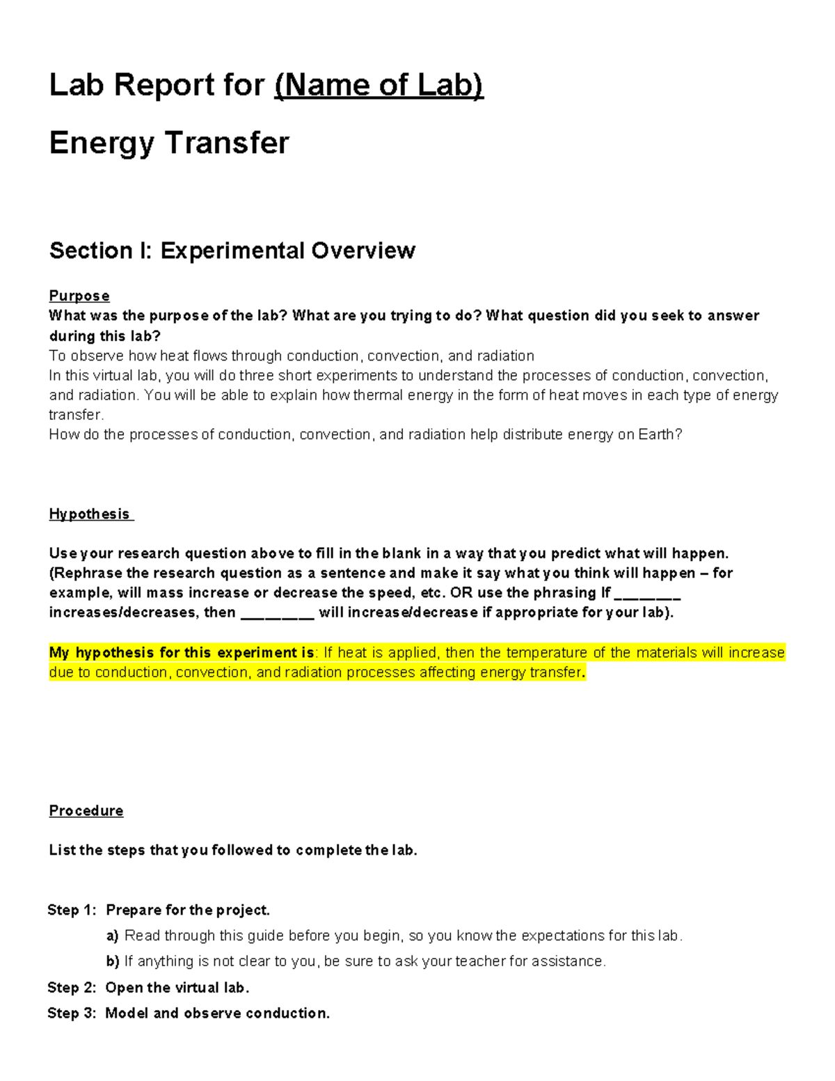 Lab Report Template TL - english - Lab Report for (Name of Lab) Energy ...