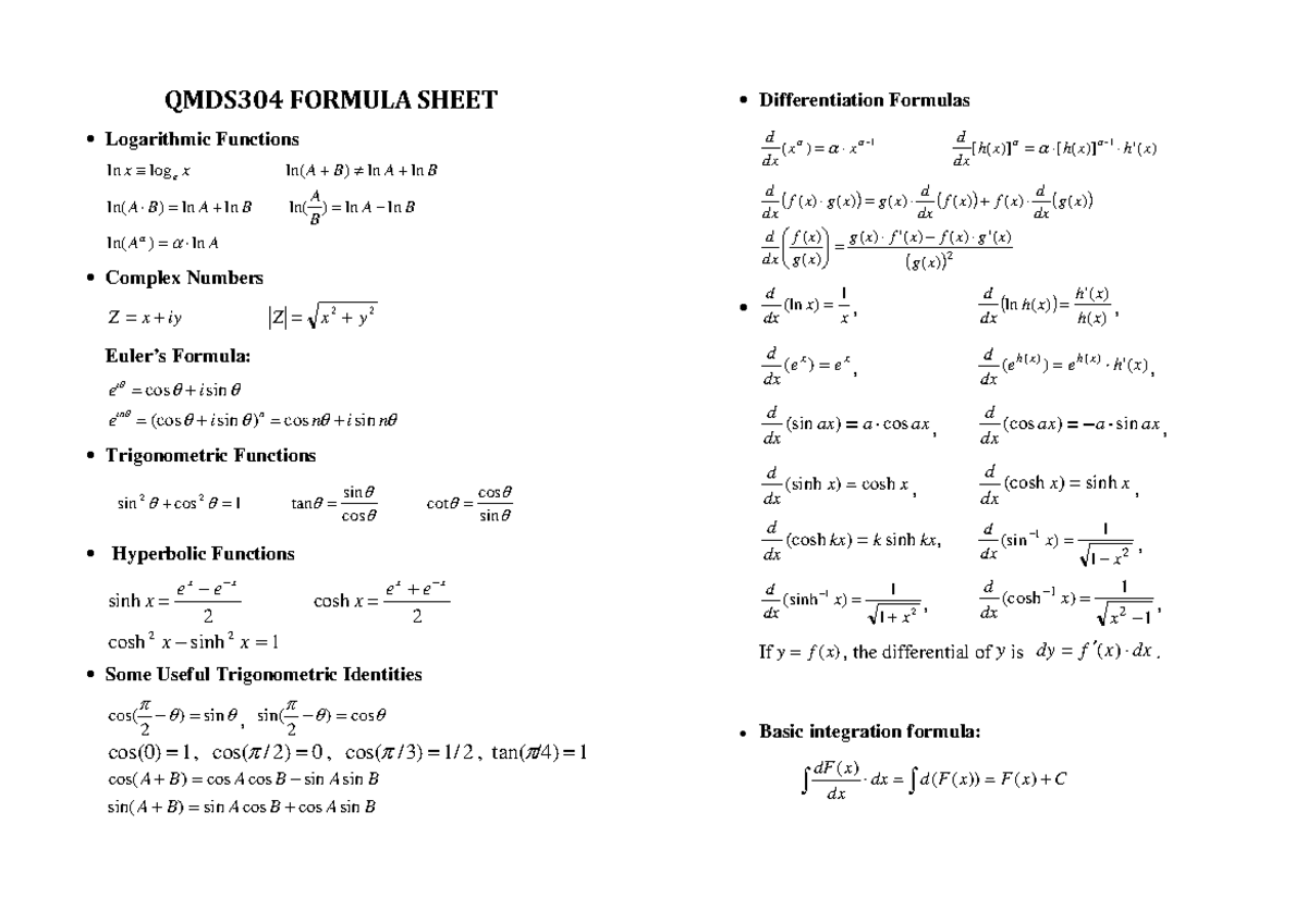 QMDS304 Formula Sheet(2017 ) - QMDS304 FORMULA SHEET Logarithmic ...