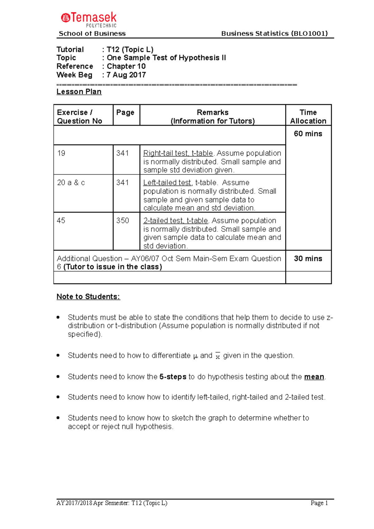 T12 (Topic L) - Hypothesis Testing II - Apr 17 Qs - Tutorial : T12 ...