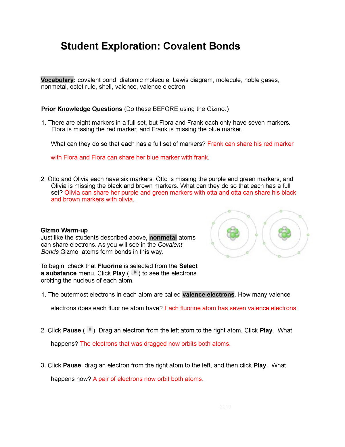 Covalent Bonds assignment answer key - CHEM 20 - Organic Inside Overview Chemical Bonds Worksheet Answers