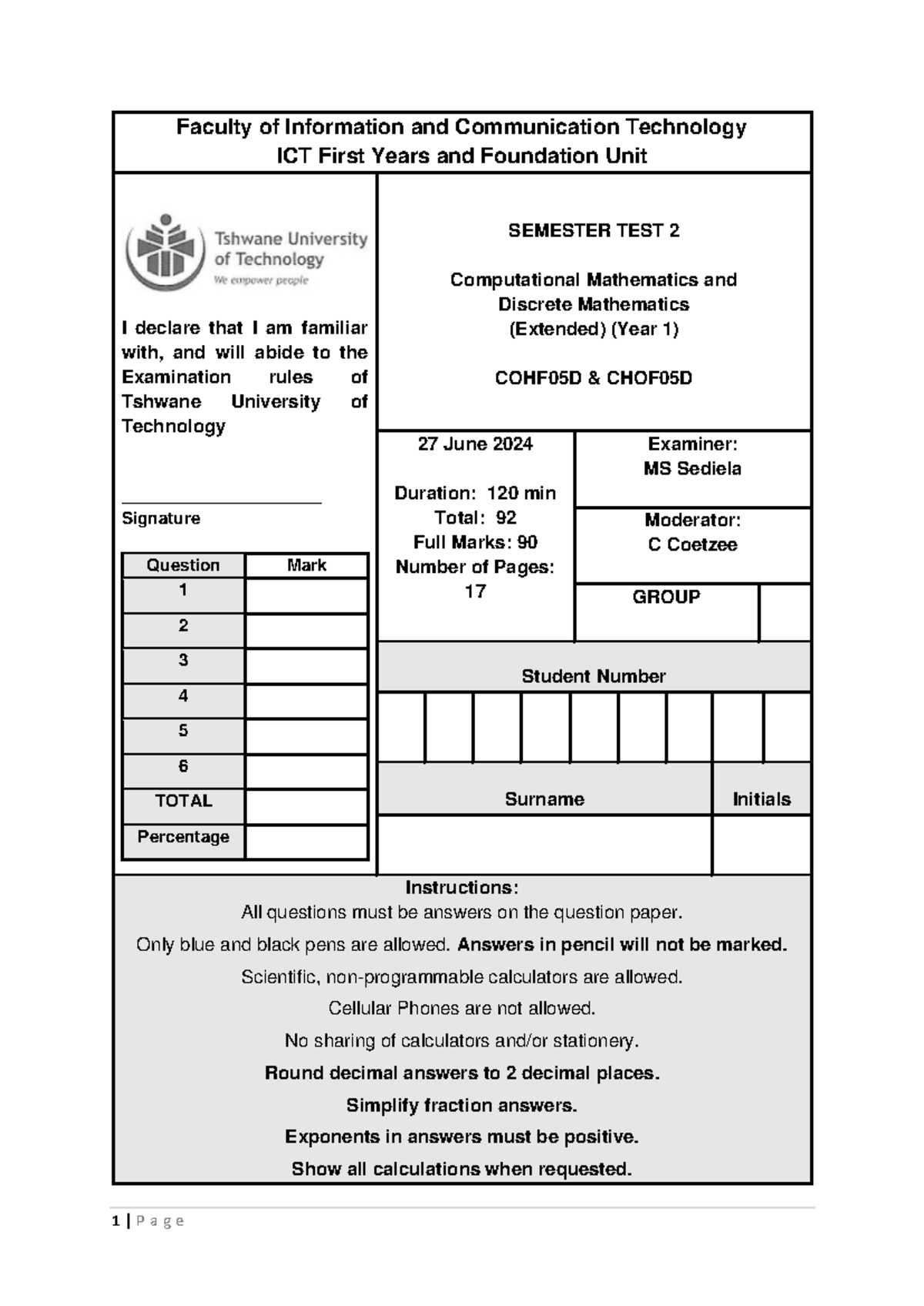 Semester Test 2 Moderated final - Faculty of Information and ...