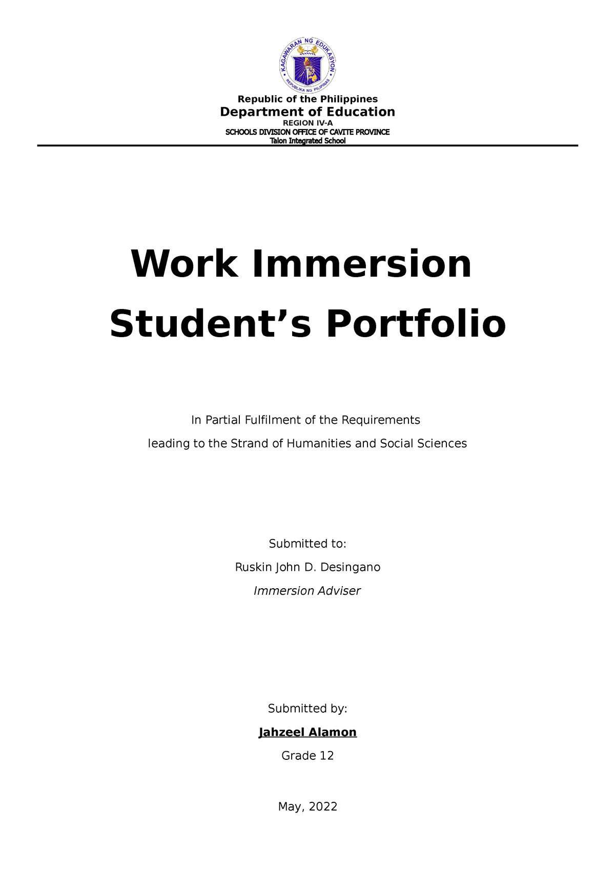 Work Immersion Porfolio Template - Department of Education REGION IV-A ...