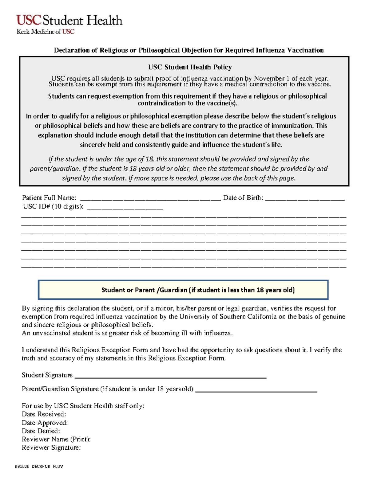 BUAD 304 USCSHR IMMUNIzation record - Declaration of Religious or ...