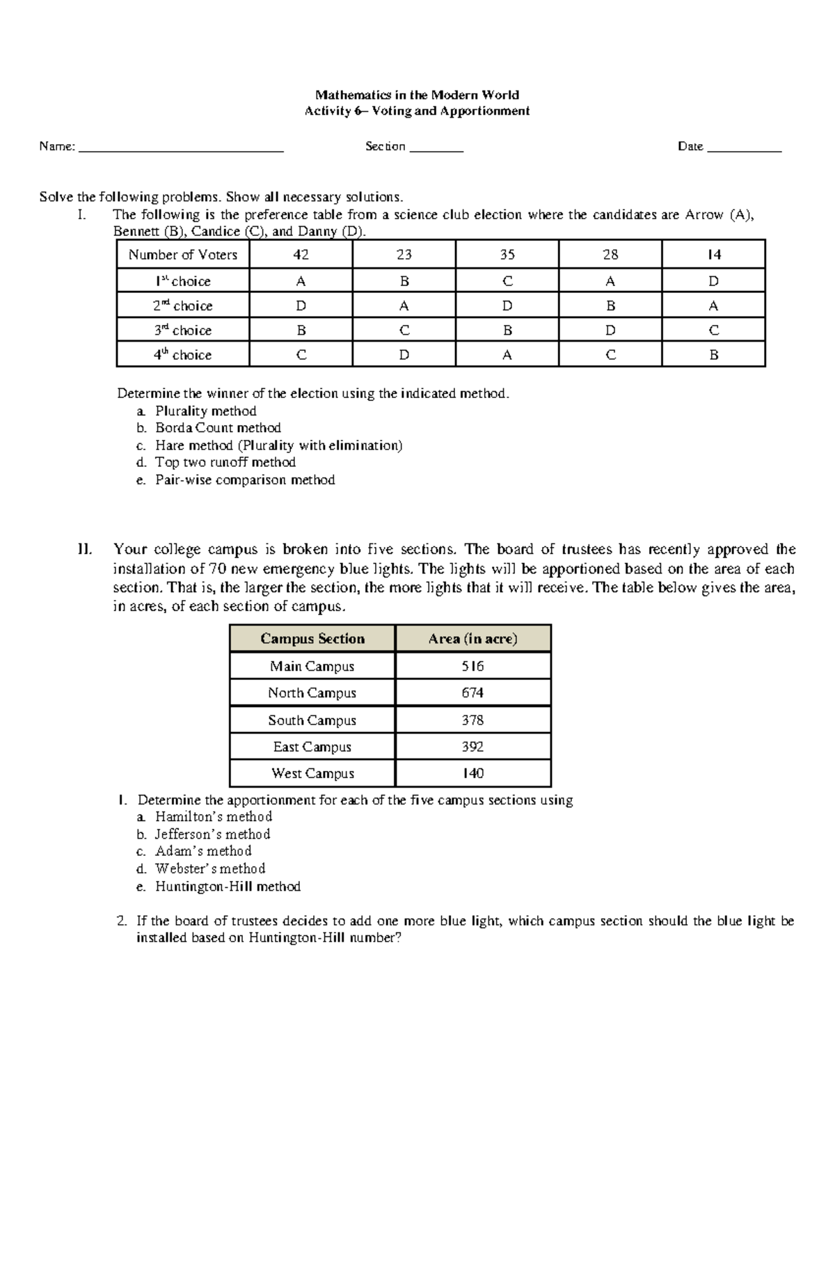 MMW-Activity 5 - Voting and Apportionment - Mathematics in the Modern ...