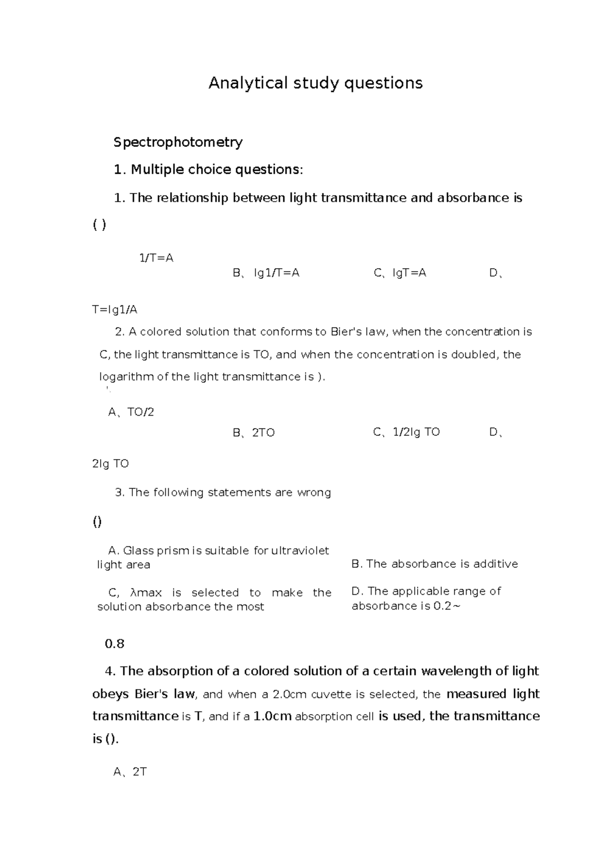 Analytical study questions CH151 Analytical study questions