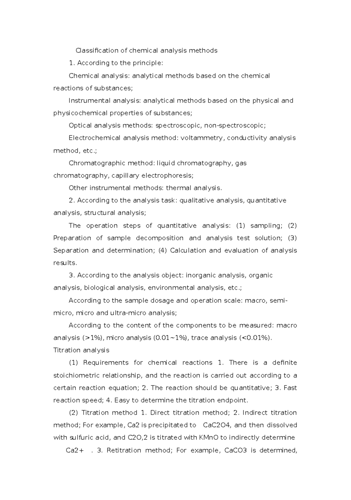 Classification of chemical analysis methods CH151 Classification of
