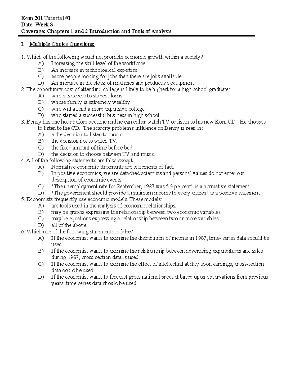 Tutorial Work - 1 - Tutorial Question - Econ 201 Tutorial # Date: Week ...