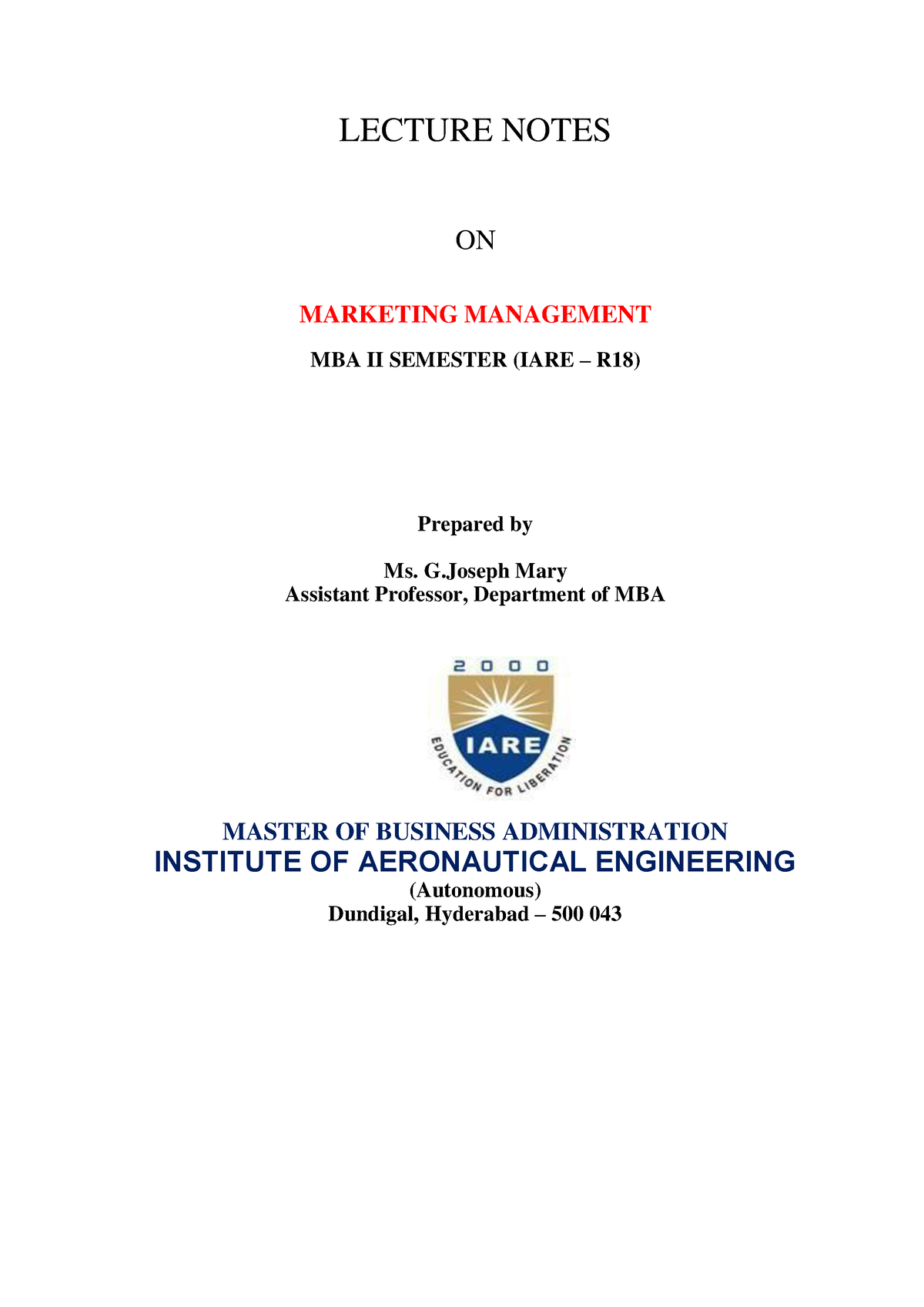 IARE Marketing Management Lecture Notes MBA Semester II - LECTURE NOTES ...