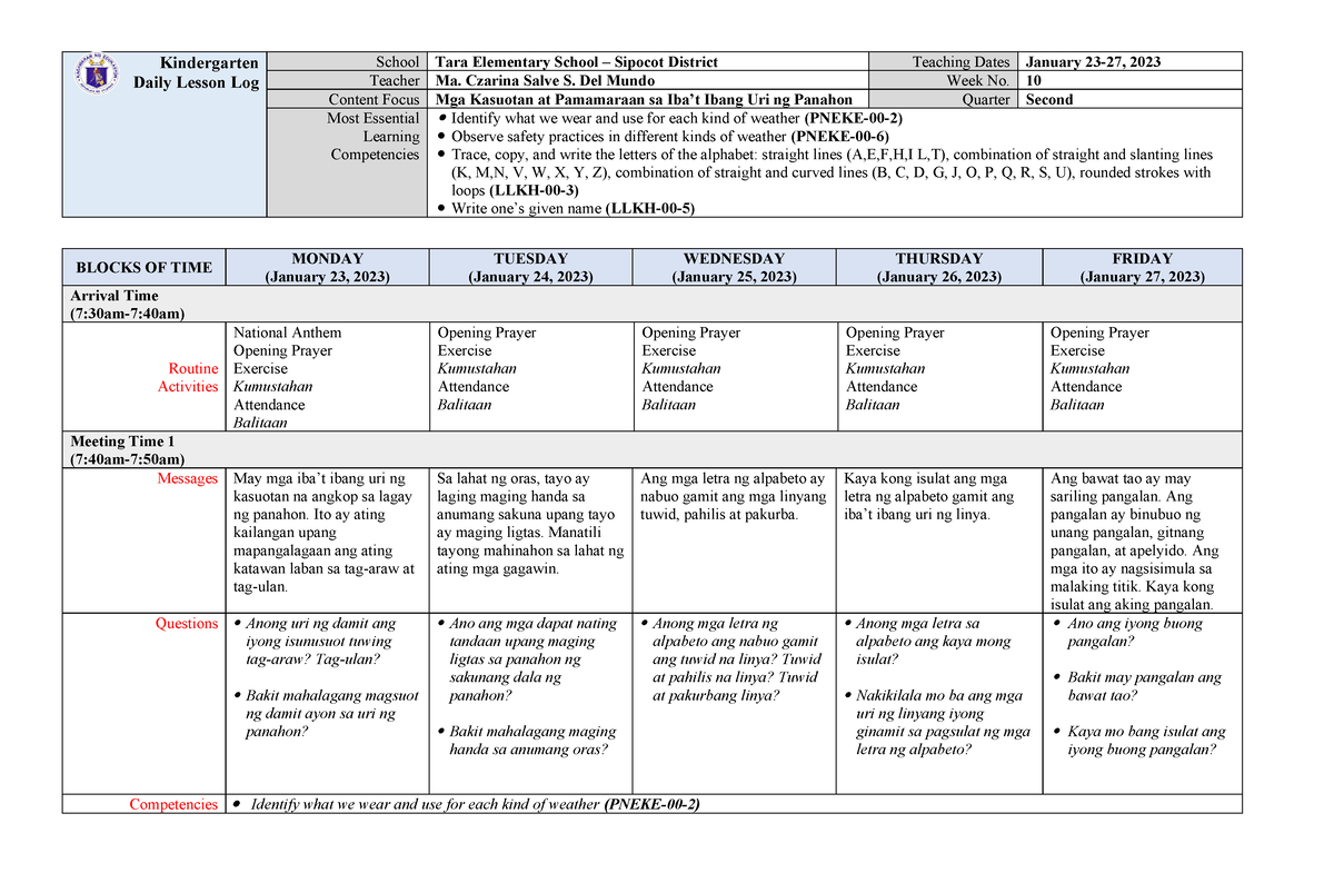 Kindergarten Dll Melc Q2 Week 10 Asf Kindergarten Daily Lesson Log School Tara Elementary 0804