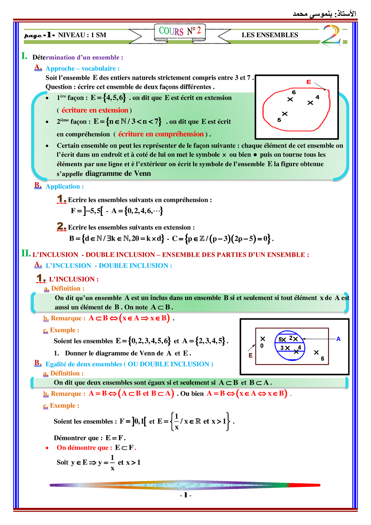 Cours Les Ensembles - Page - 1 - NIVEAU : 1 SM LES ENSEMBLES I ...