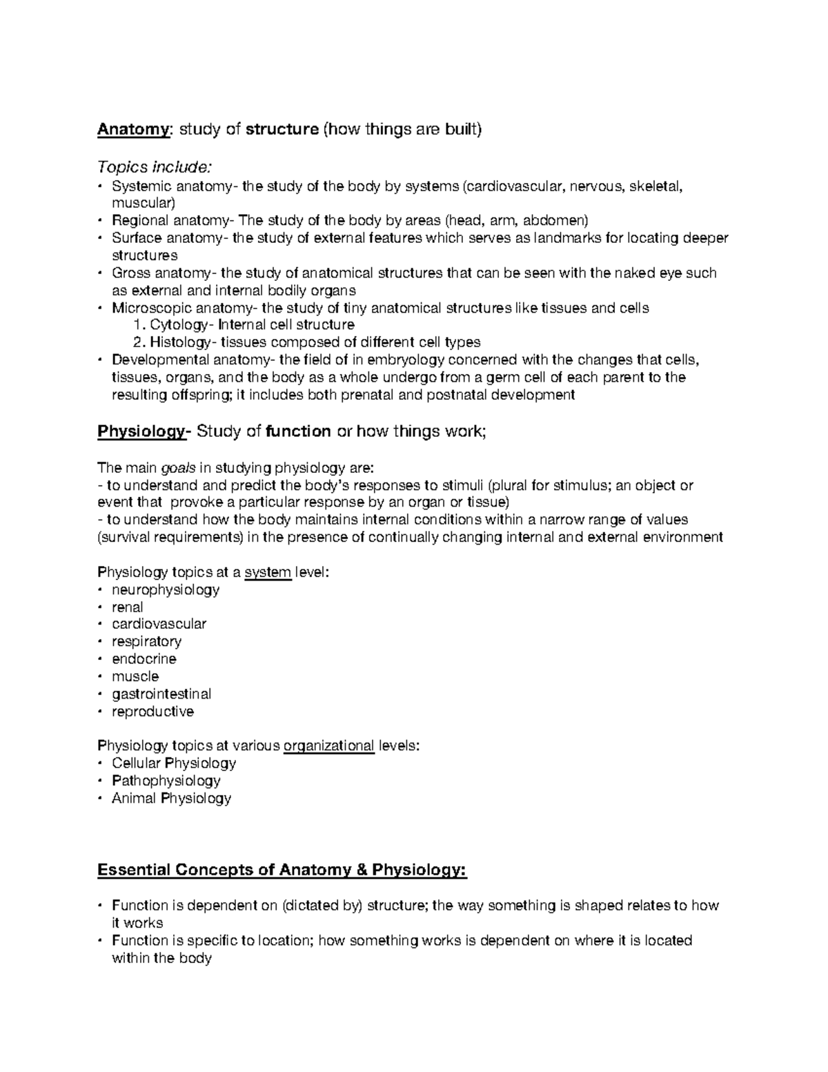 Anatomy Chptr 1 Notes - Anatomy: study of structure (how things are ...