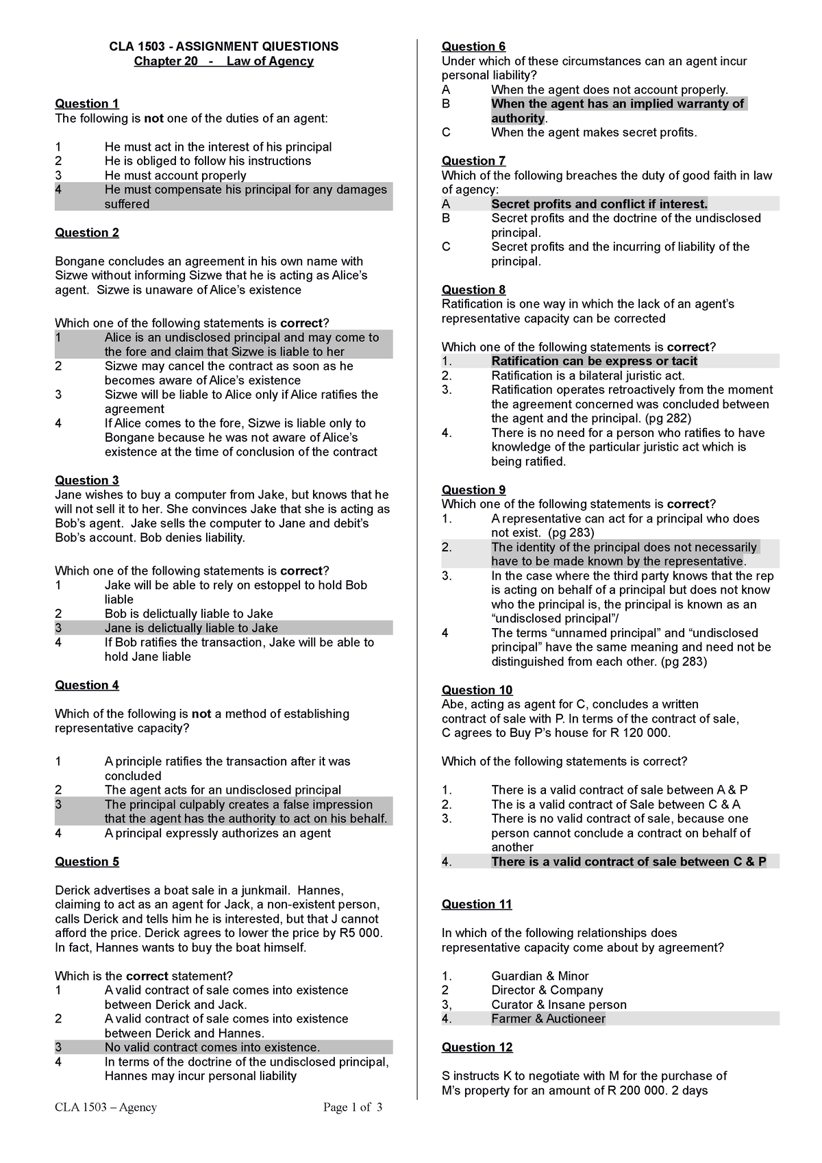 CLA-1503-Chapter-20-Law-of-Agency-Memo - CLA 1503 - ASSIGNMENT ...