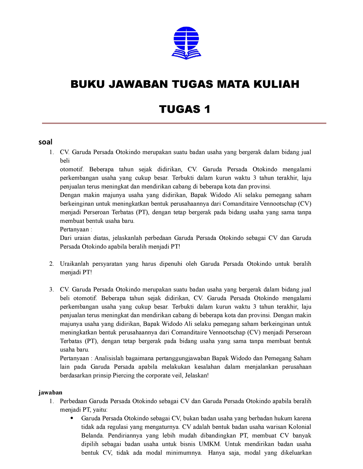 Bjt Hkum4303 Tmk1 - TMK 1 - BUKU JAWABAN TUGAS MATA KULIAH TUGAS 1 Soal ...