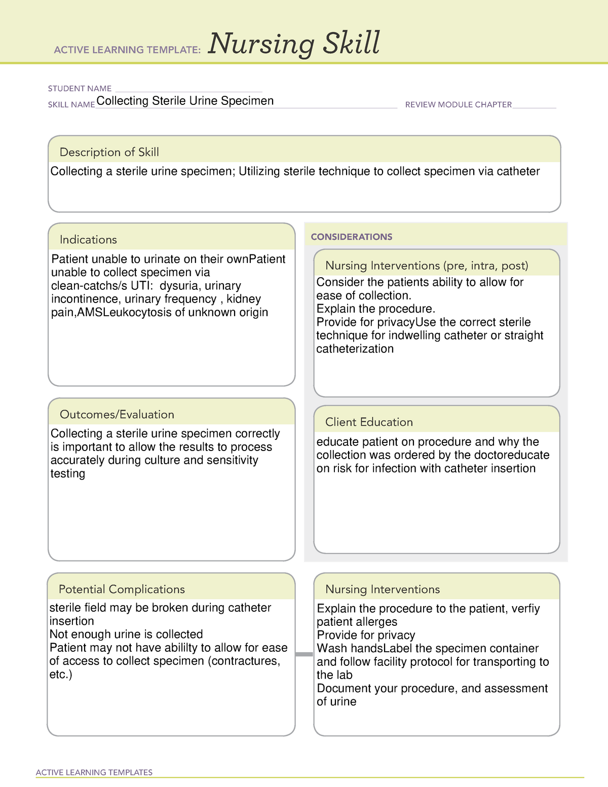 Nursing Skill sterile urine collect UTI ACTIVE LEARNING TEMPLATES