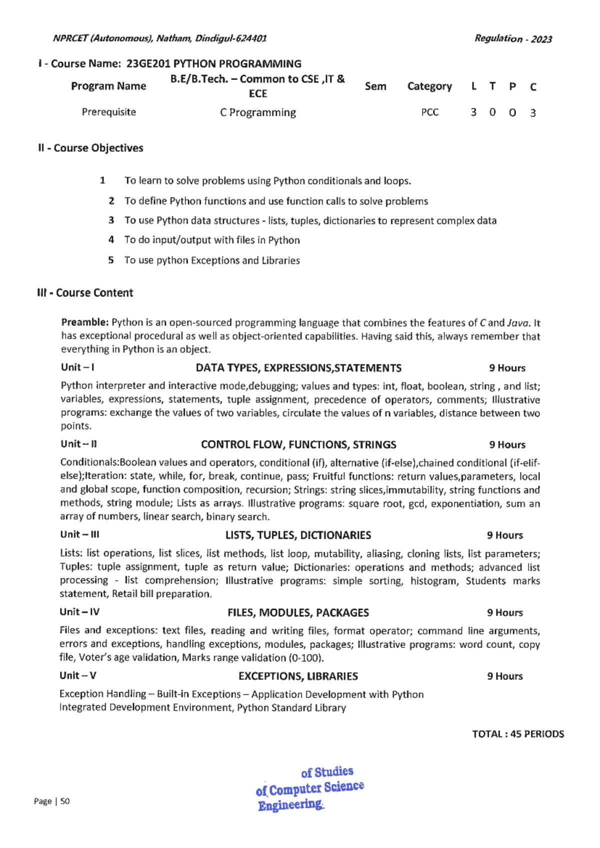 Python programming removed - NPRCET (Autonomous), Natham, Regulation ...
