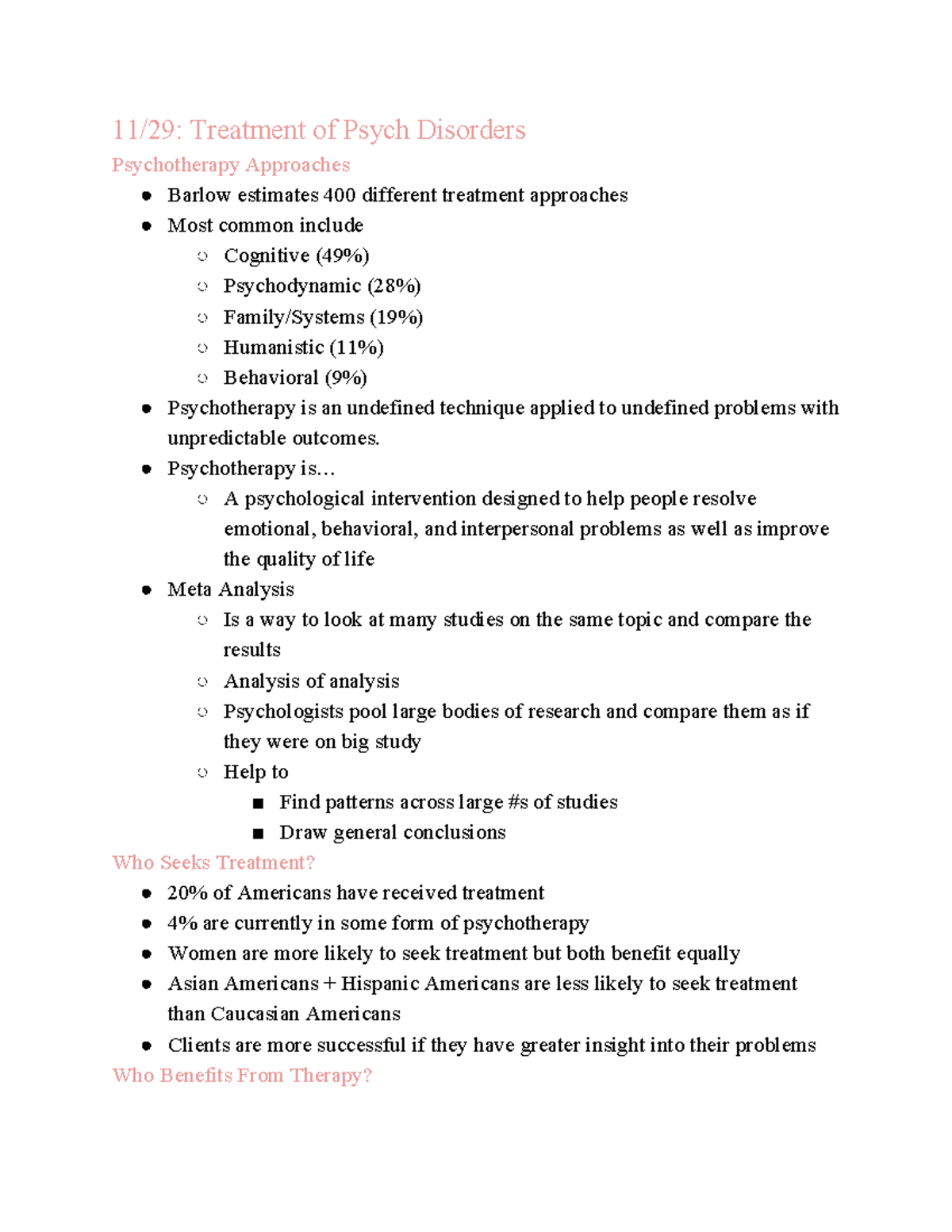 Psych 204 WEEK 10 Psych Disorders + Treatment - 11/29: Treatment of ...