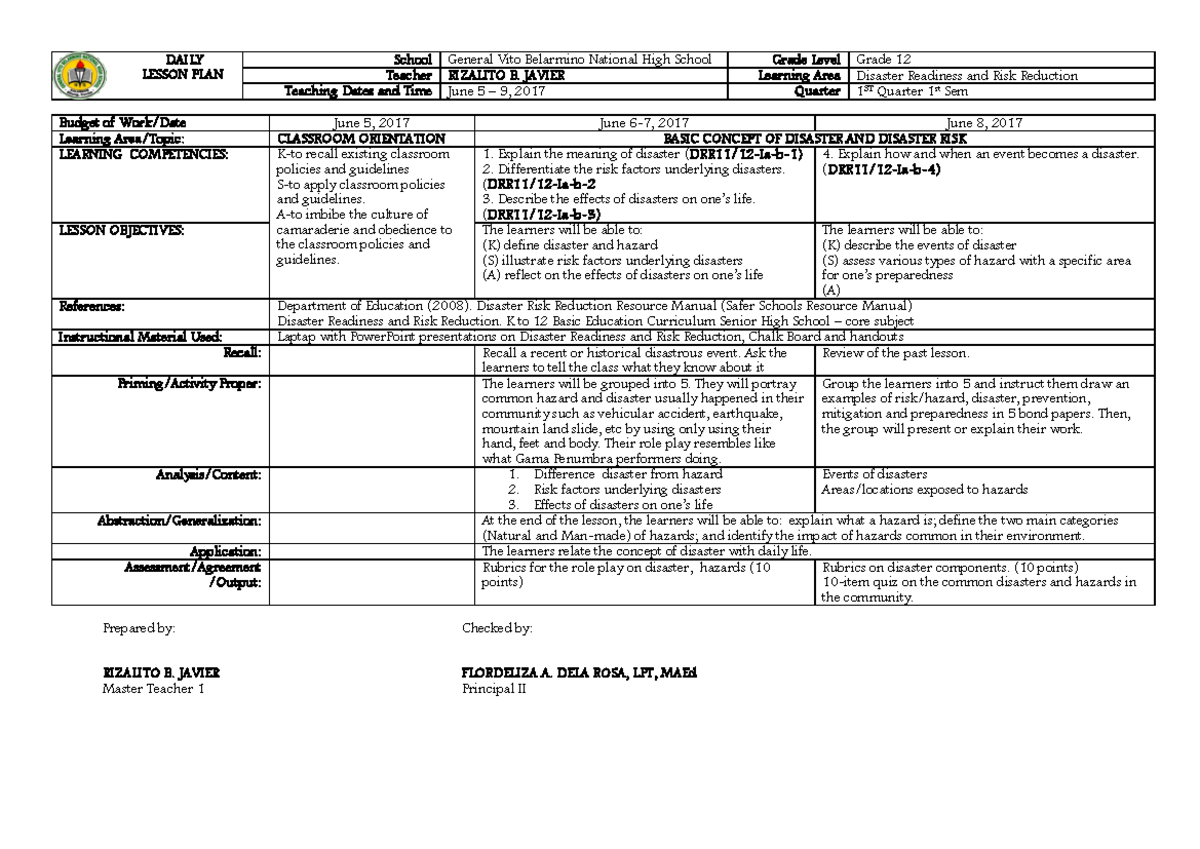 Disaster Readiness and Risk Reduction - DAILY LESSON PLAN School ...