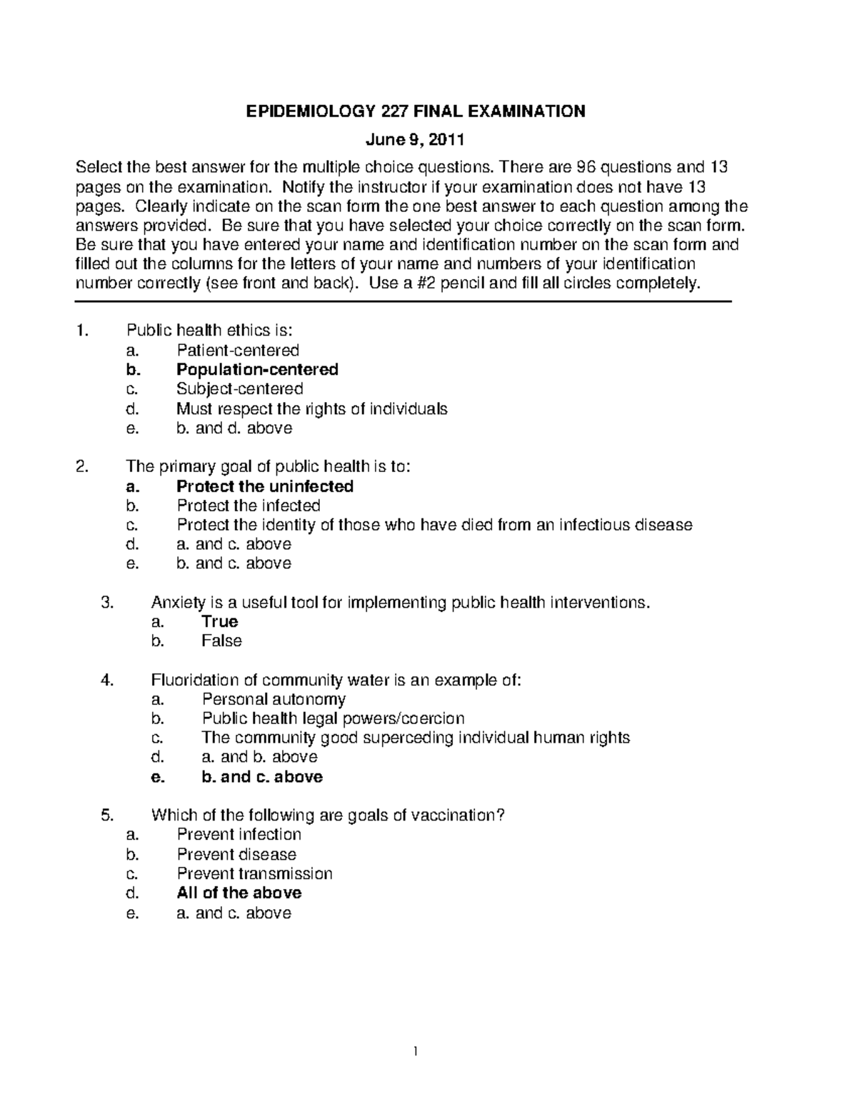 Final 9 June 2011, questions and answers EPIDEMIOLOGY 227 FINAL